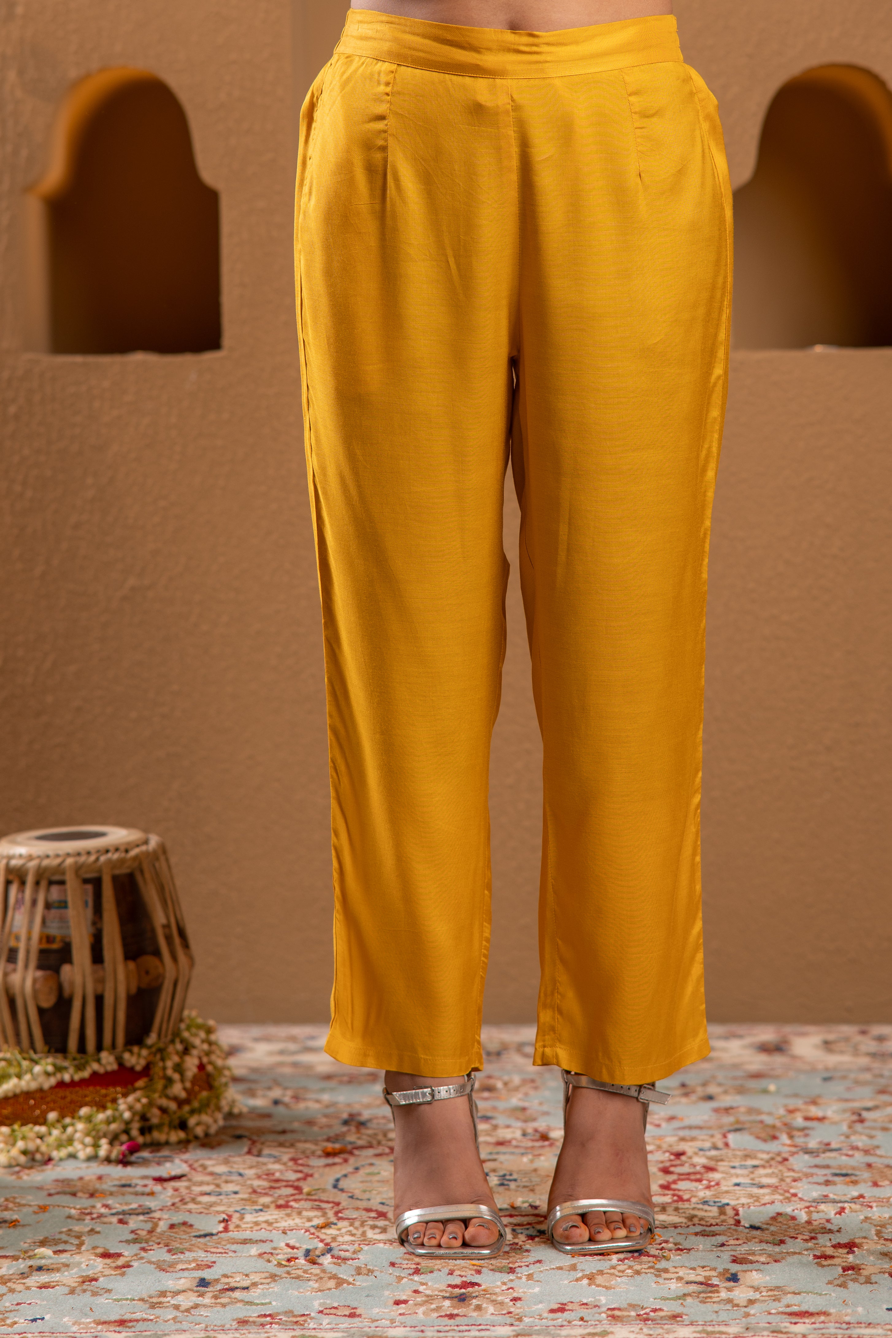 Mustard Nylon Flared Kurta Pant And Dupatta Set with Zari, Mirror, Thread & Sequin Work