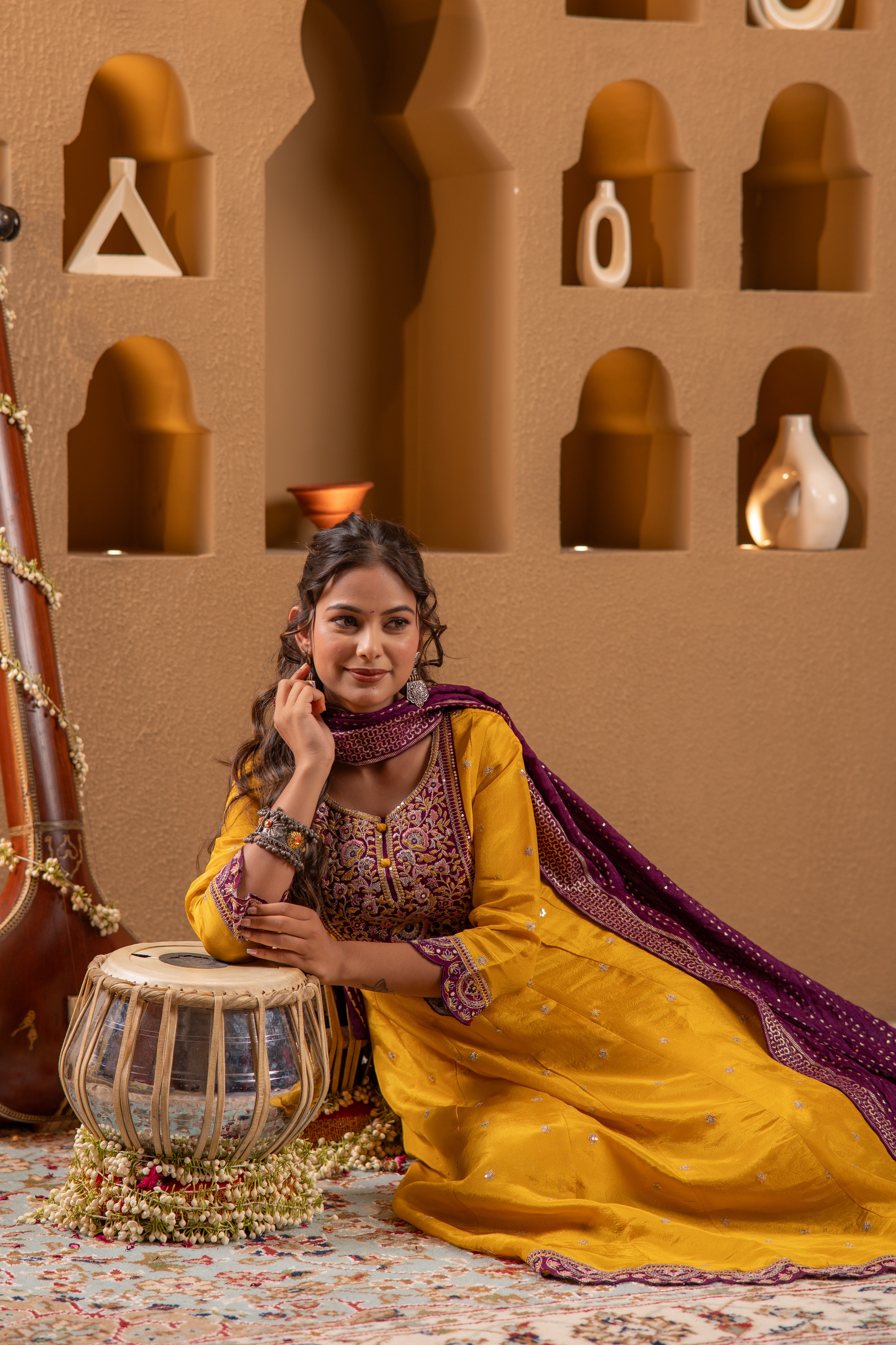 Mustard Nylon Flared Kurta Pant And Dupatta Set with Zari, Mirror, Thread & Sequin Work