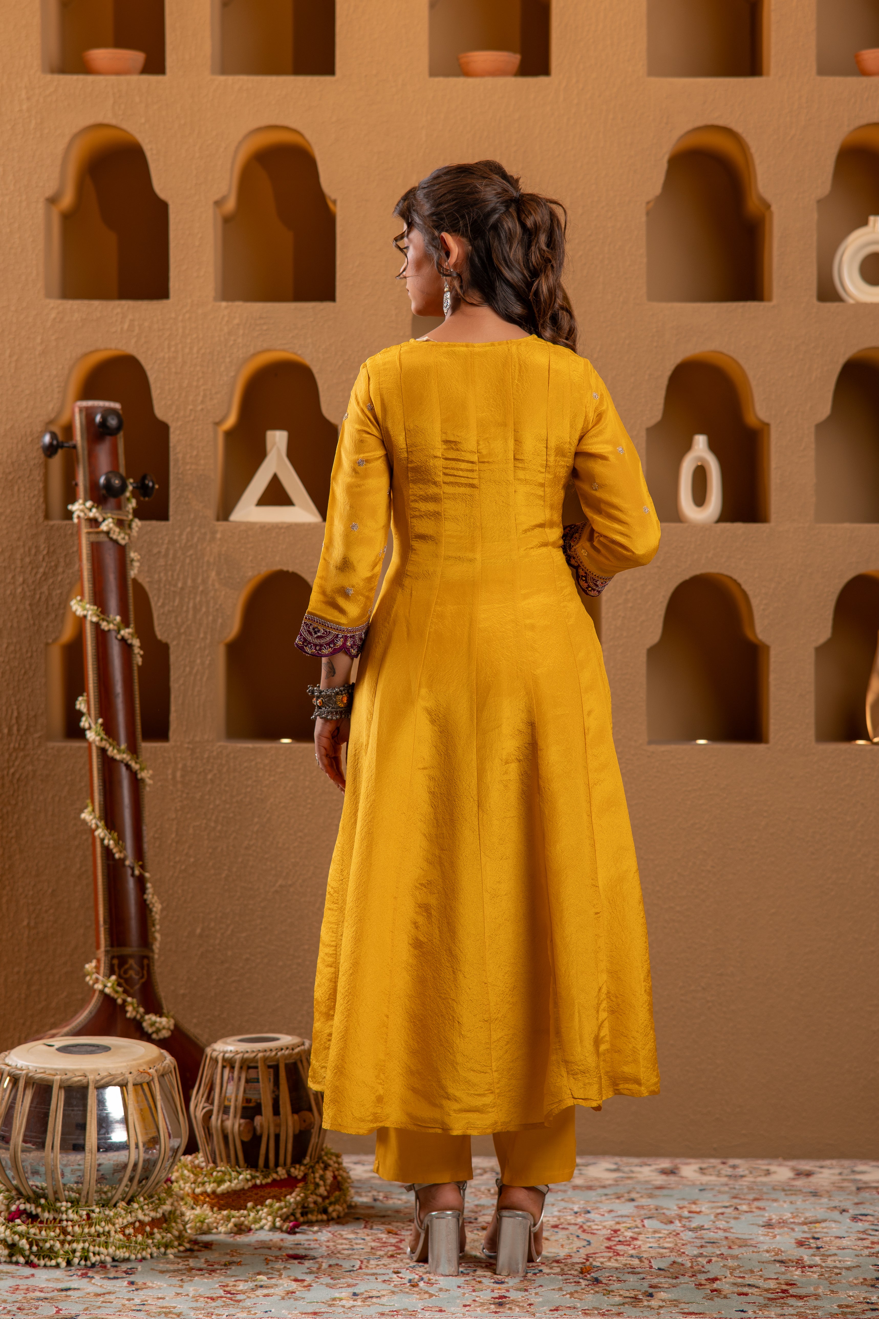 Mustard Nylon Flared Kurta Pant And Dupatta Set with Zari, Mirror, Thread & Sequin Work
