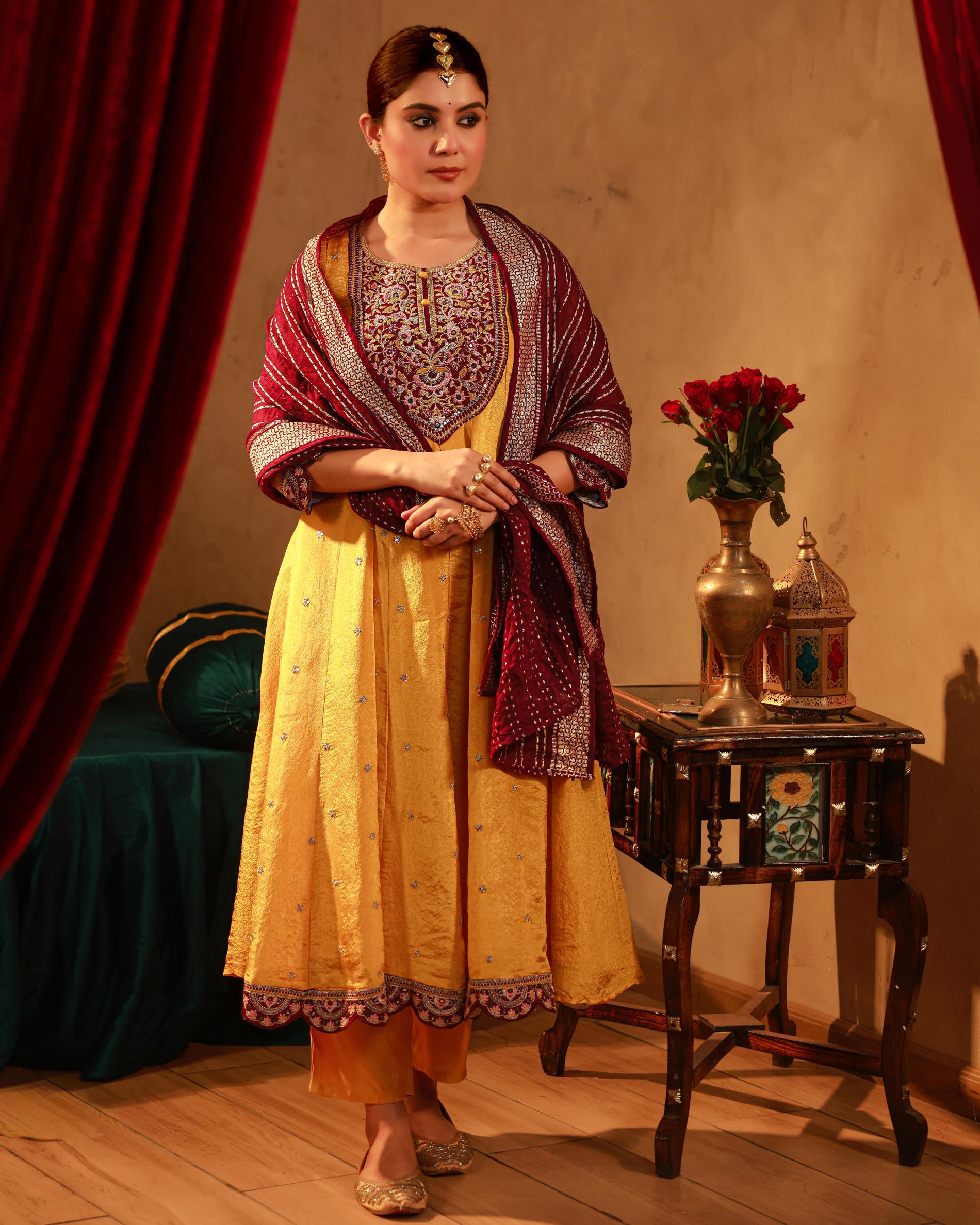 Mustard Nylon Flared Kurta Pant And Dupatta Set with Zari, Mirror, Thread & Sequin Work
