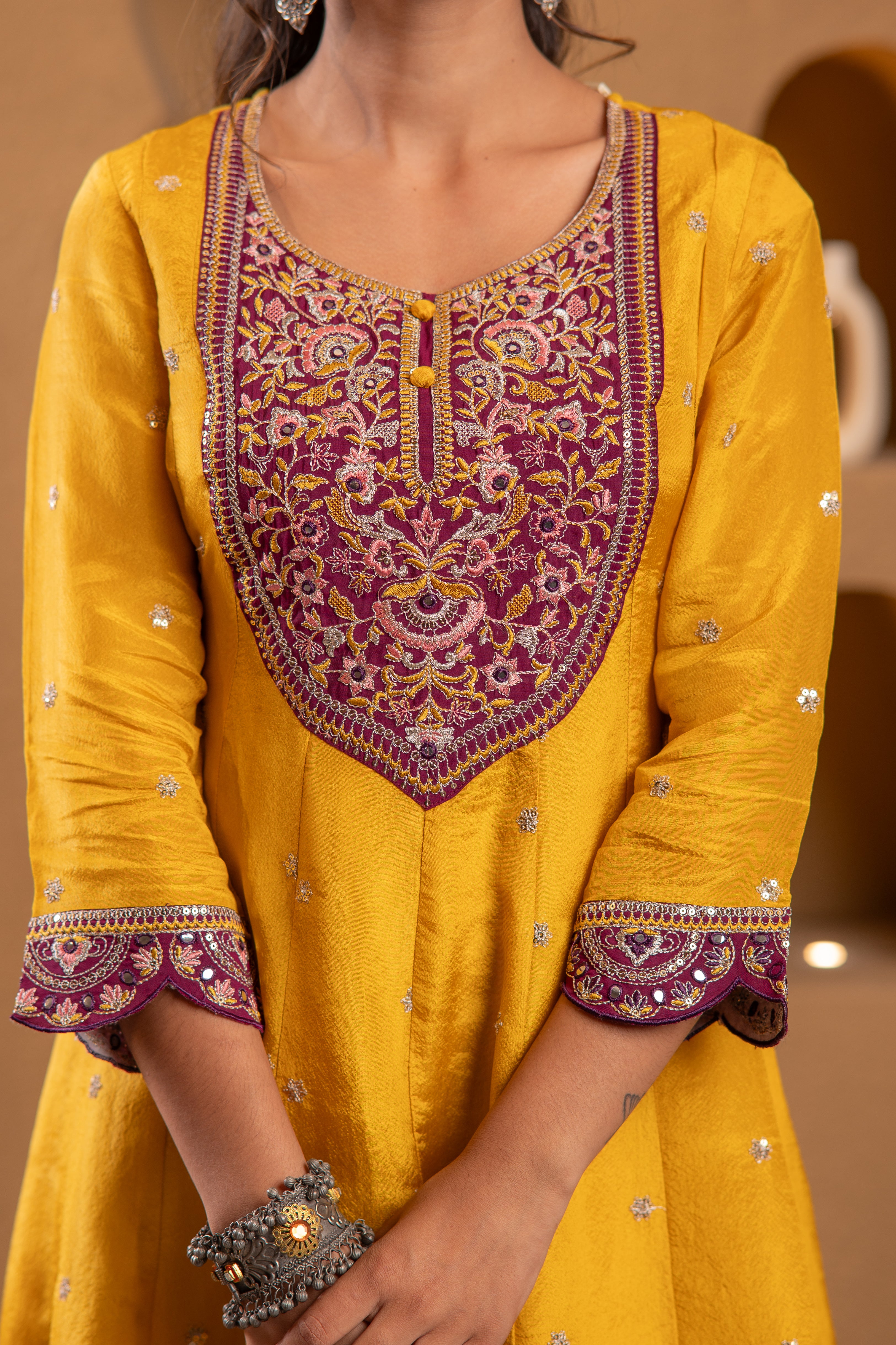 Mustard Nylon Flared Kurta Pant And Dupatta Set with Zari, Mirror, Thread & Sequin Work