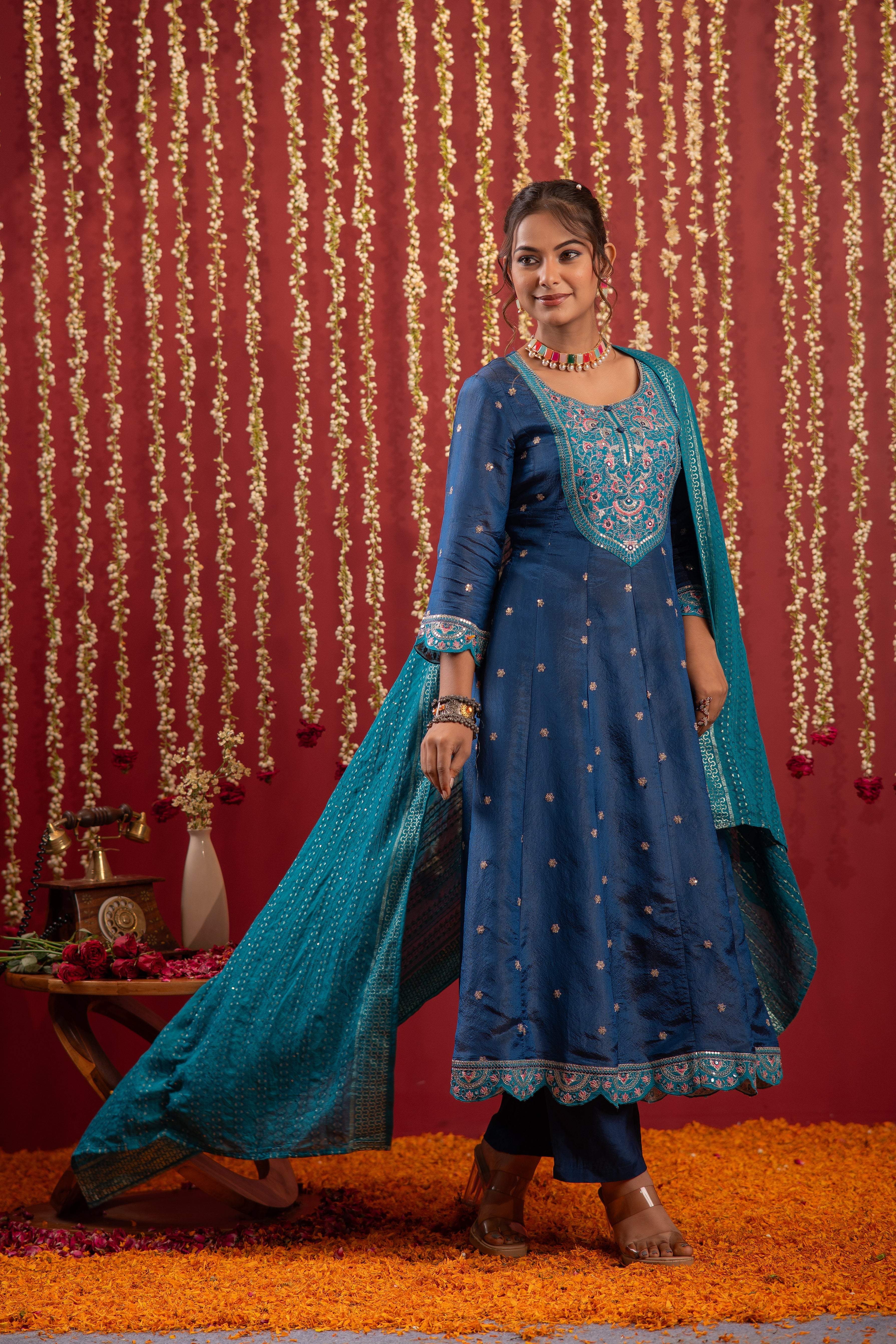 Navy Blue Nylon Flared Kurta Pant And Dupatta Set with Zari, Mirror, Thread & Sequin Work