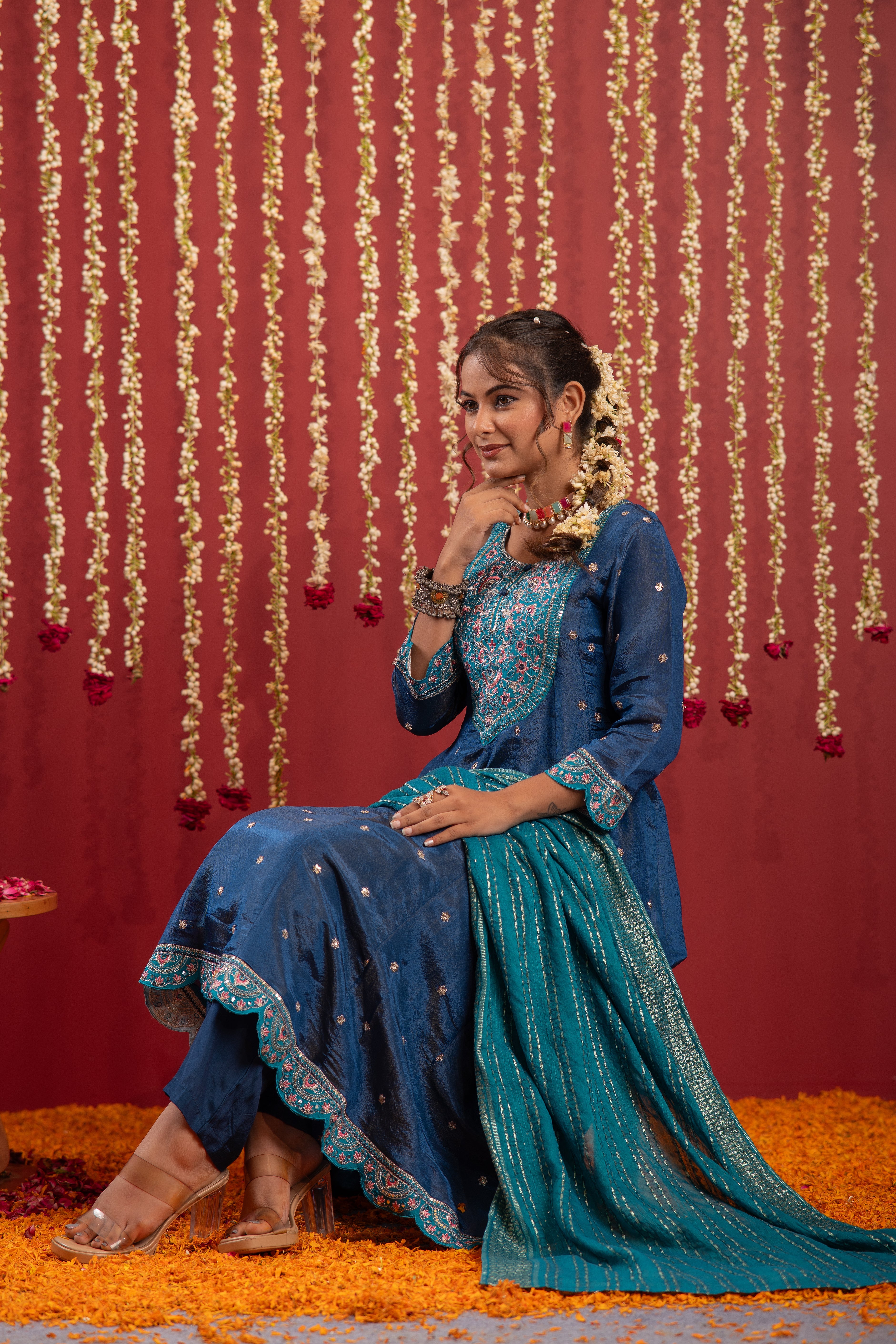 Navy Blue Nylon Flared Kurta Pant And Dupatta Set with Zari, Mirror, Thread & Sequin Work