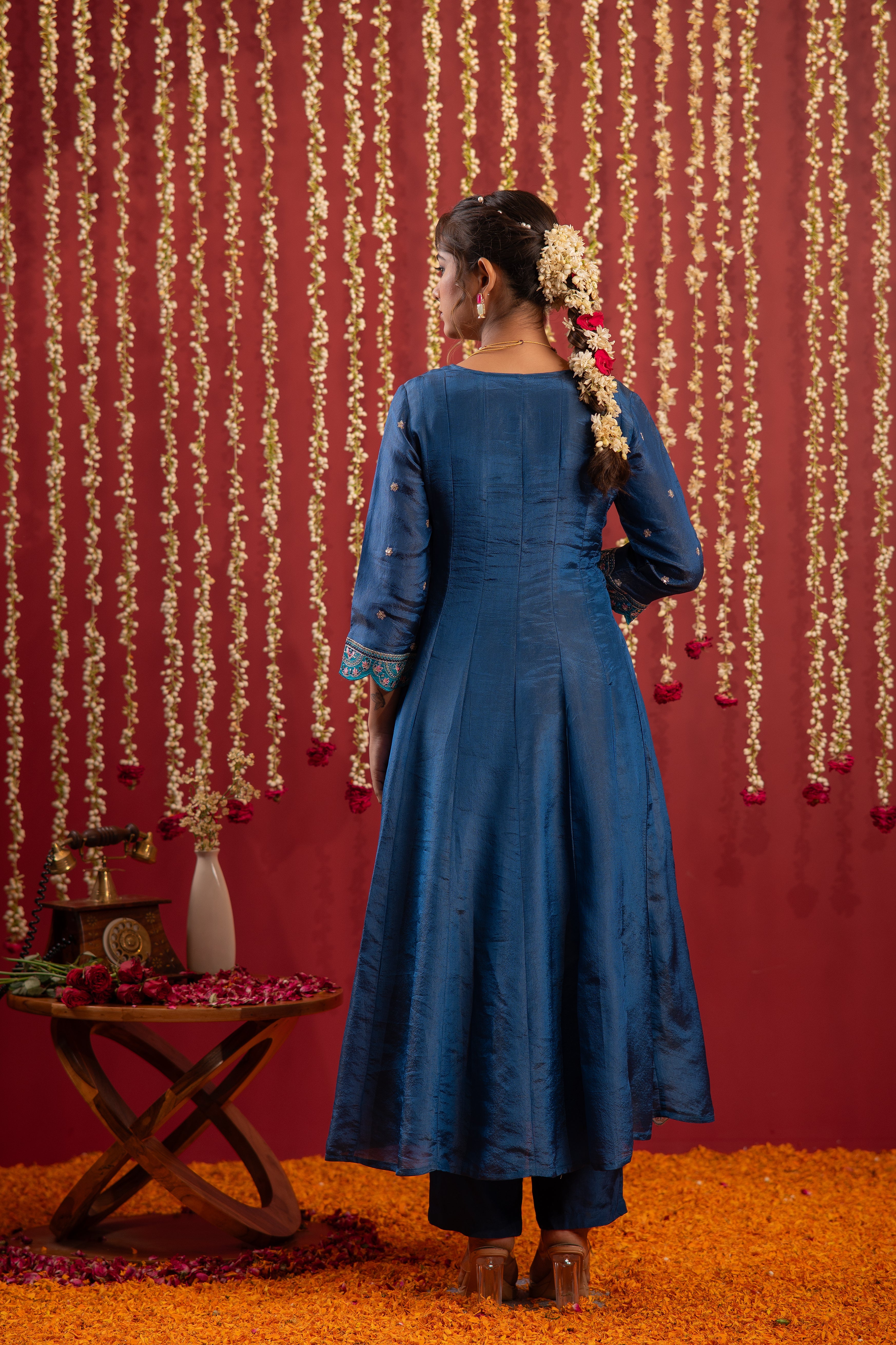 Navy Blue Nylon Flared Kurta Pant And Dupatta Set with Zari, Mirror, Thread & Sequin Work