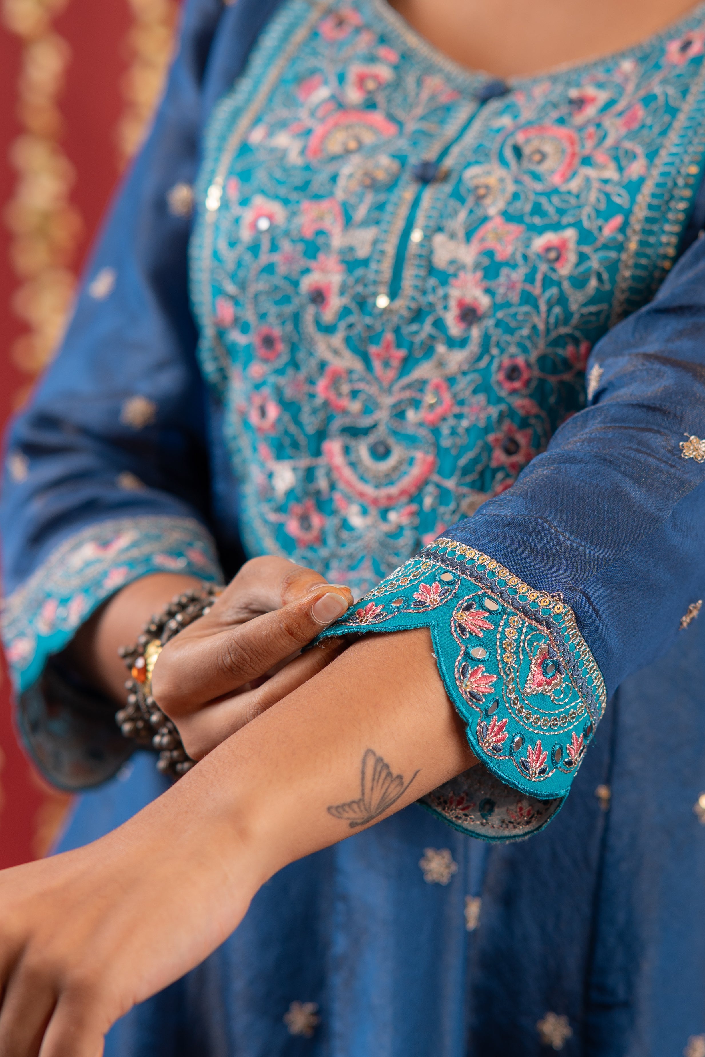 Navy Blue Nylon Flared Kurta Pant And Dupatta Set with Zari, Mirror, Thread & Sequin Work