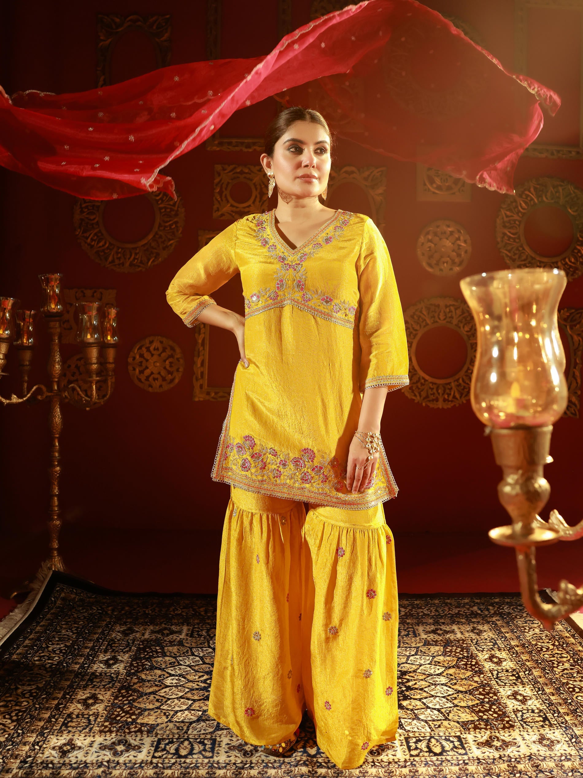 Mustard Nylon Kurta Sharara And Dupatta Set with Zari, Mirror, Thread & Sequin Embroidery
