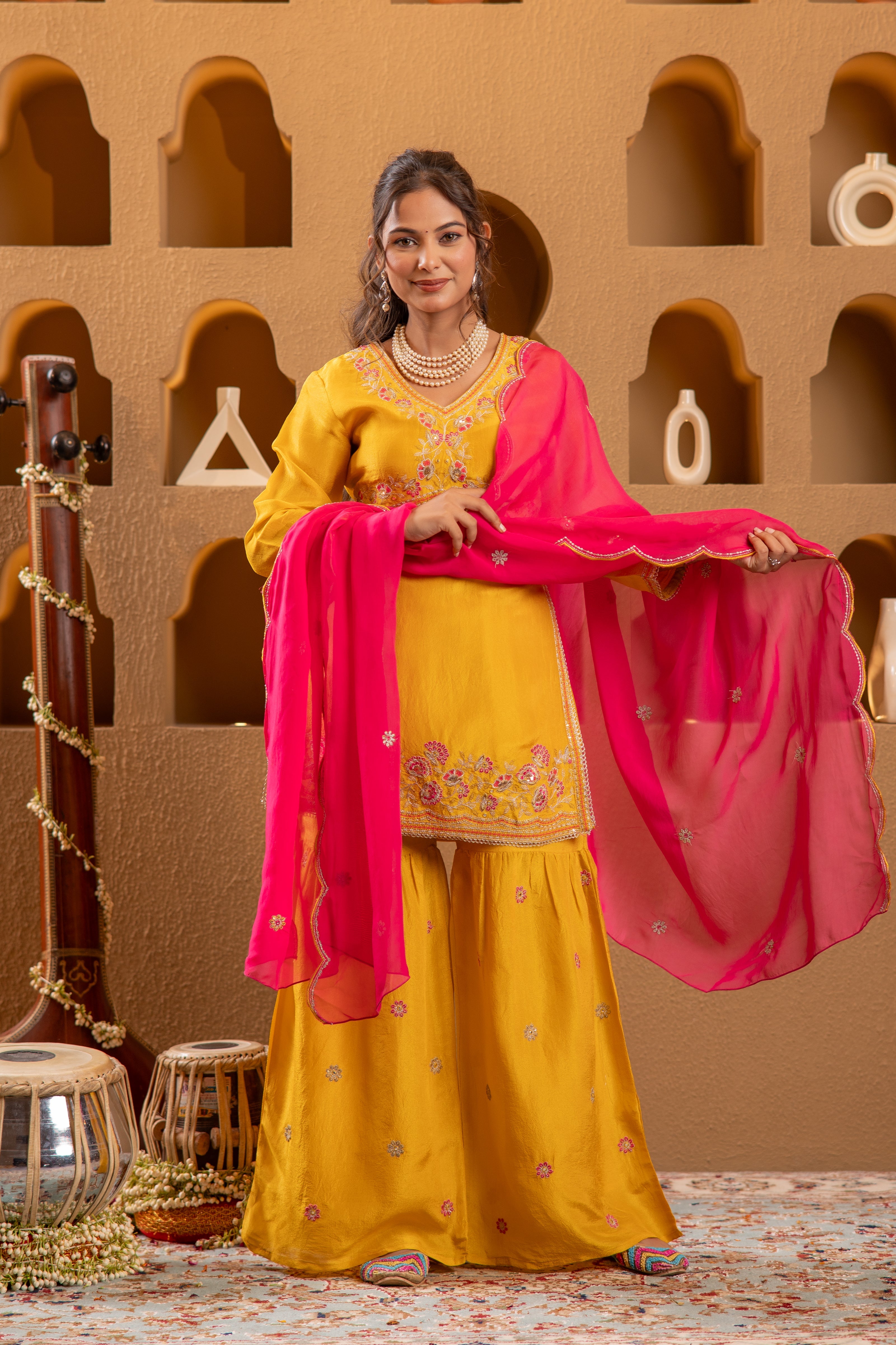 Mustard Nylon Kurta Sharara And Dupatta Set with Zari, Mirror, Thread & Sequin Embroidery