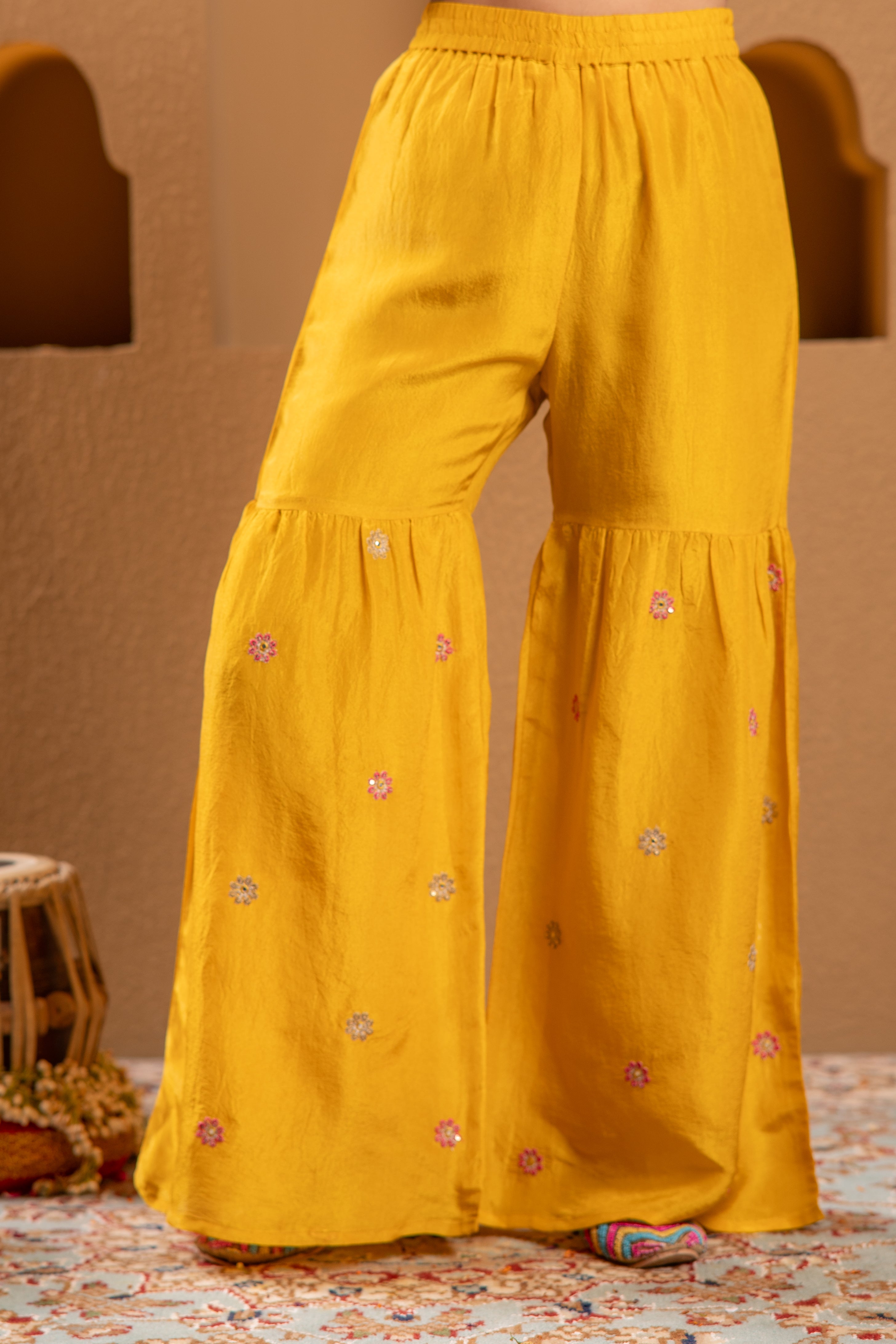 Mustard Nylon Kurta Sharara And Dupatta Set with Zari, Mirror, Thread & Sequin Embroidery
