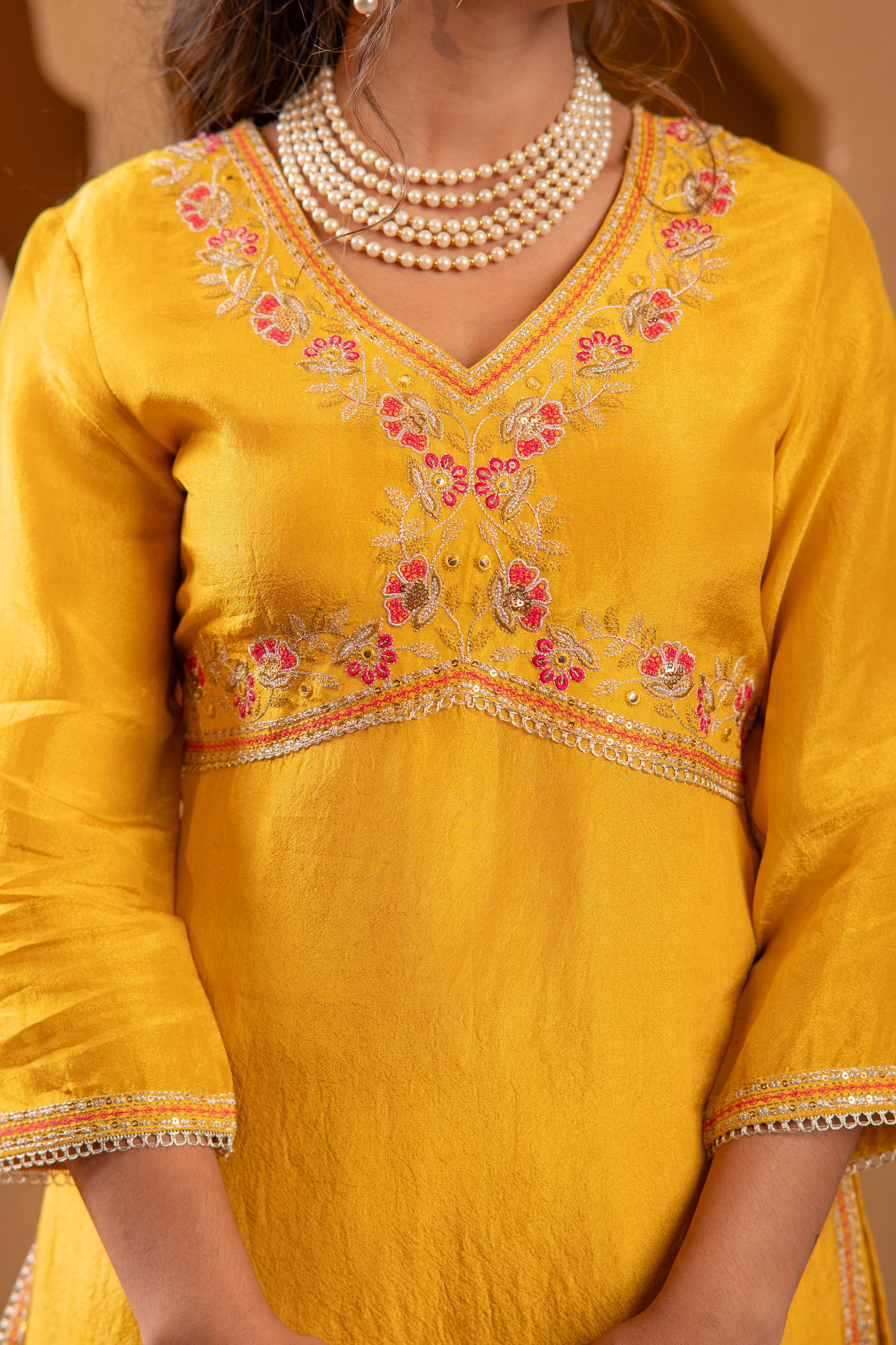 Mustard Nylon Kurta Sharara And Dupatta Set with Zari, Mirror, Thread & Sequin Embroidery