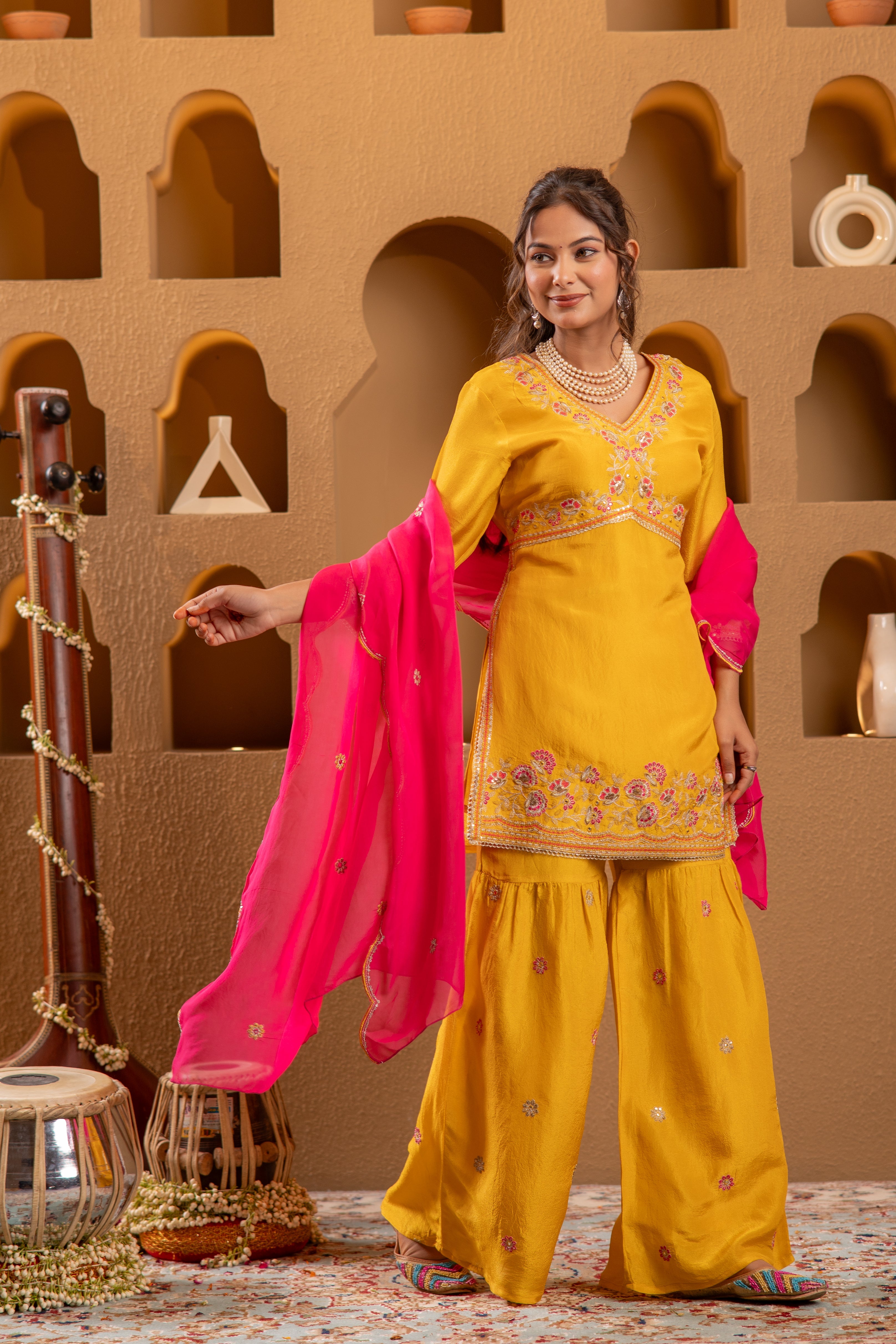 Mustard Nylon Kurta Sharara And Dupatta Set with Zari, Mirror, Thread & Sequin Embroidery