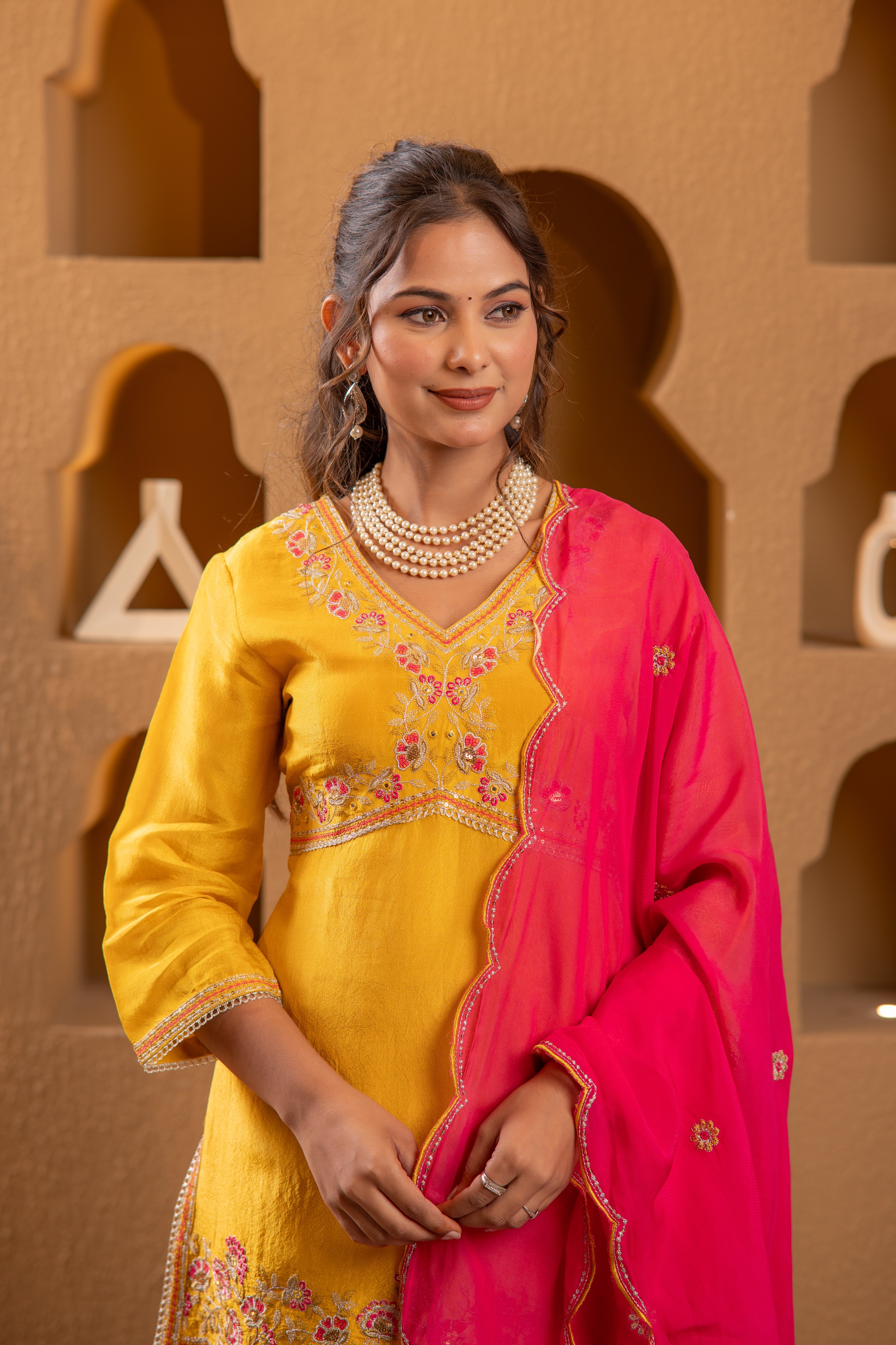 Mustard Nylon Kurta Sharara And Dupatta Set with Zari, Mirror, Thread & Sequin Embroidery