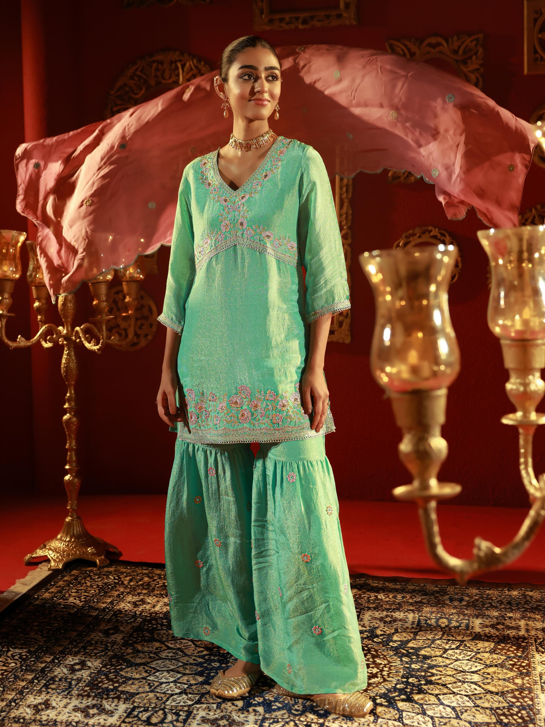 Sky Blue Nylon Kurta Sharara And Dupatta Set with Zari, Mirror, Thread & Sequin Embroidery