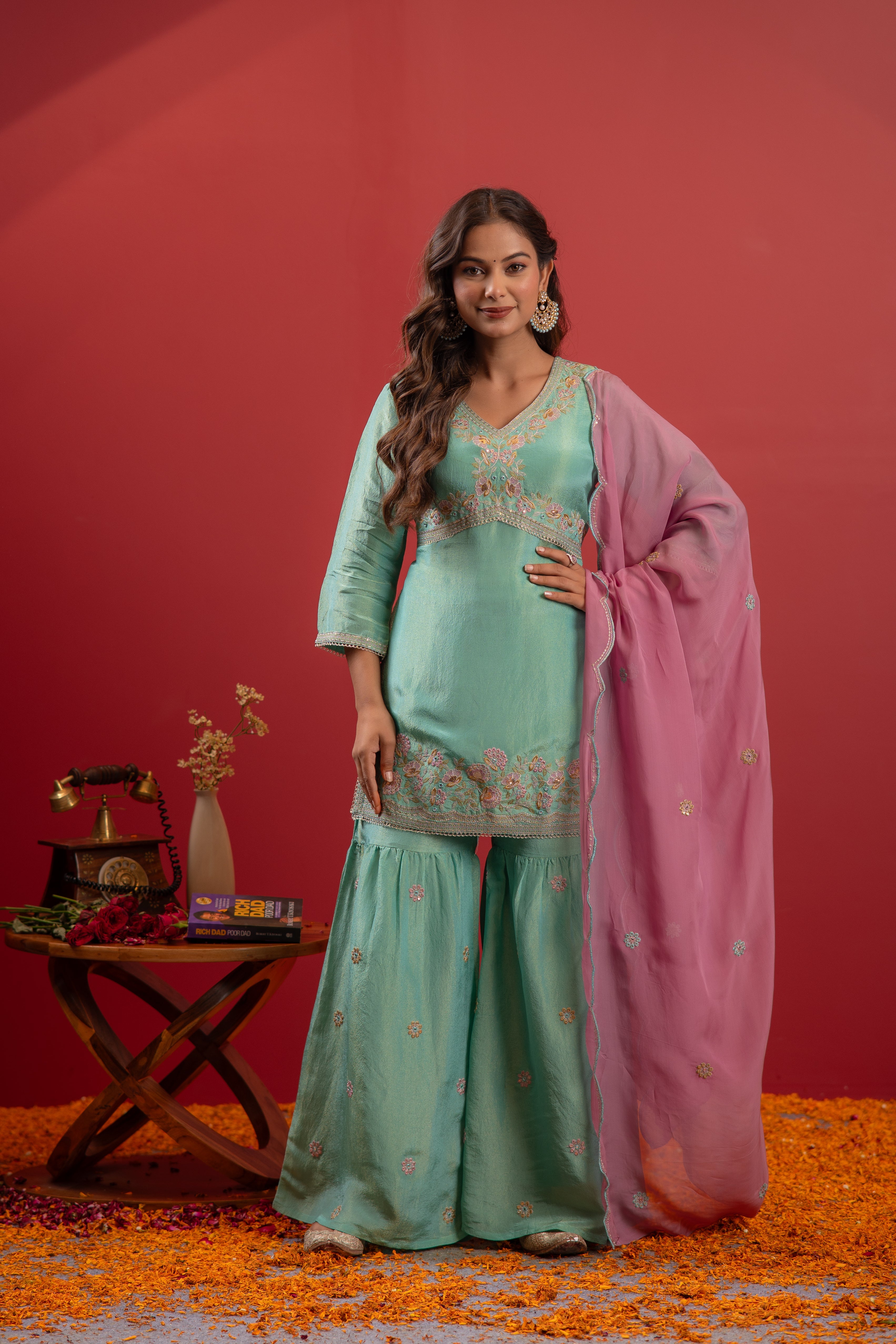 Sky Blue Nylon Kurta Sharara And Dupatta Set with Zari, Mirror, Thread & Sequin Embroidery