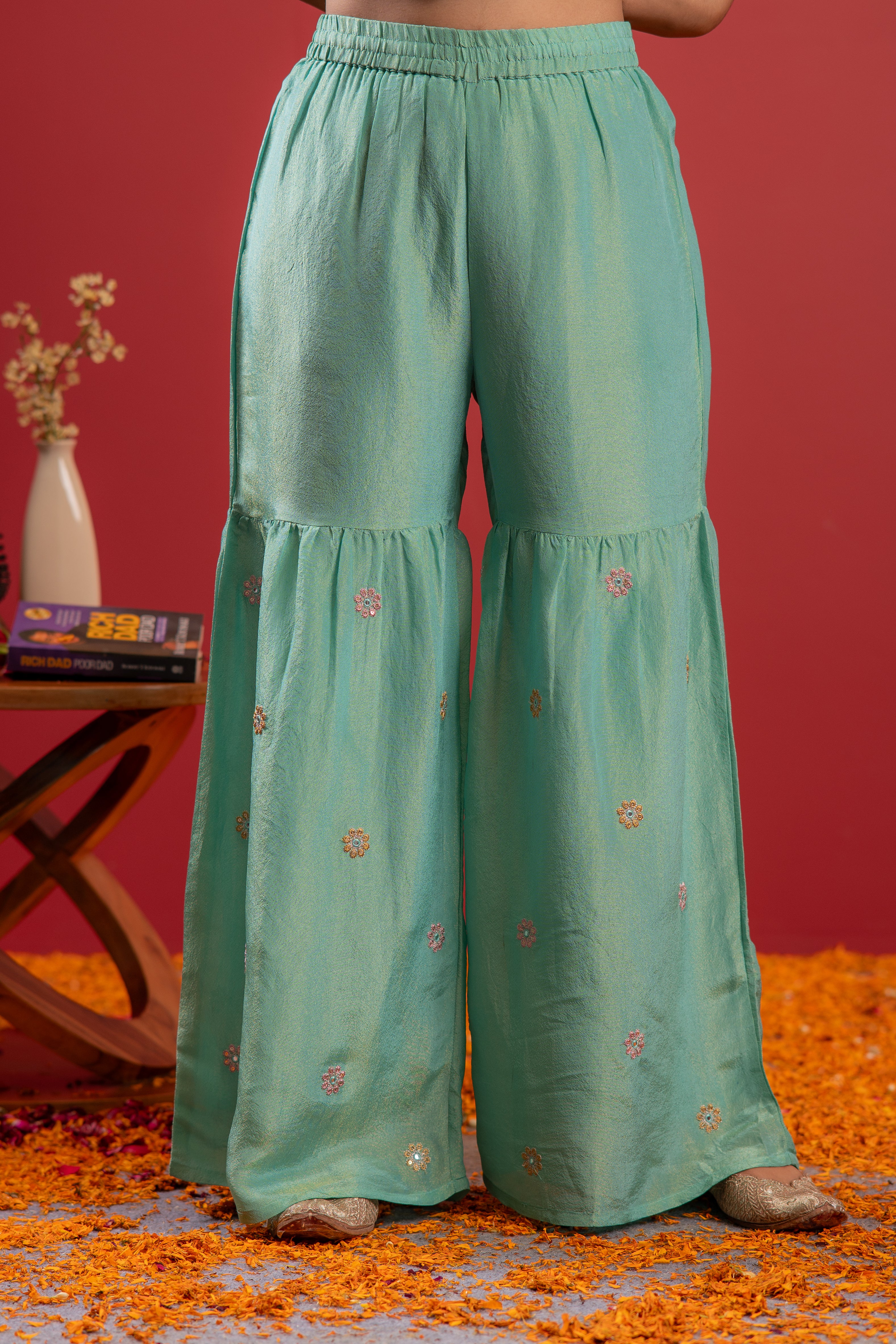 Sky Blue Nylon Kurta Sharara And Dupatta Set with Zari, Mirror, Thread & Sequin Embroidery