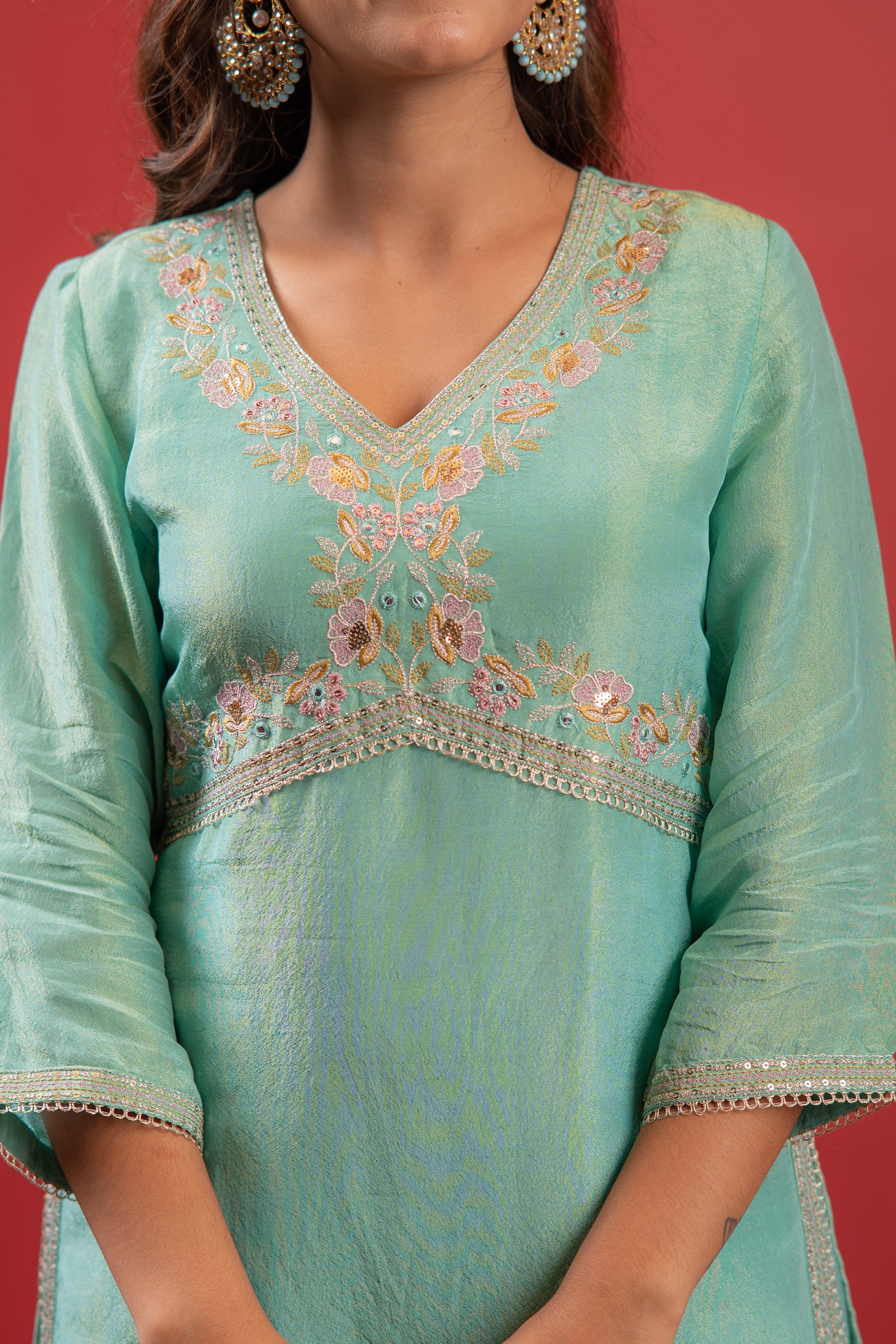Sky Blue Nylon Kurta Sharara And Dupatta Set with Zari, Mirror, Thread & Sequin Embroidery