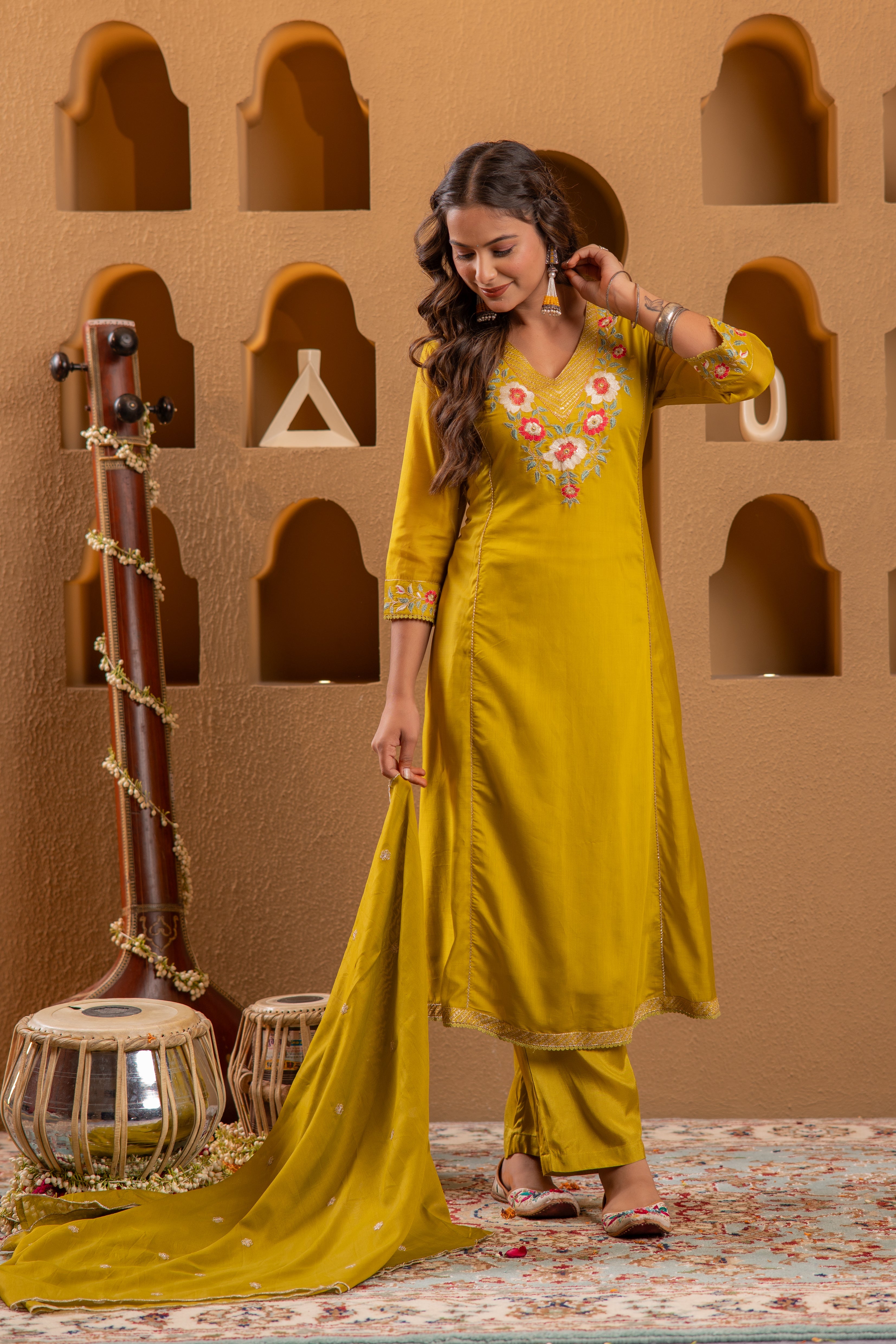 Mustard Viscose Flared Kurta with Pants & Dupatta Set with Thread & Zari Work