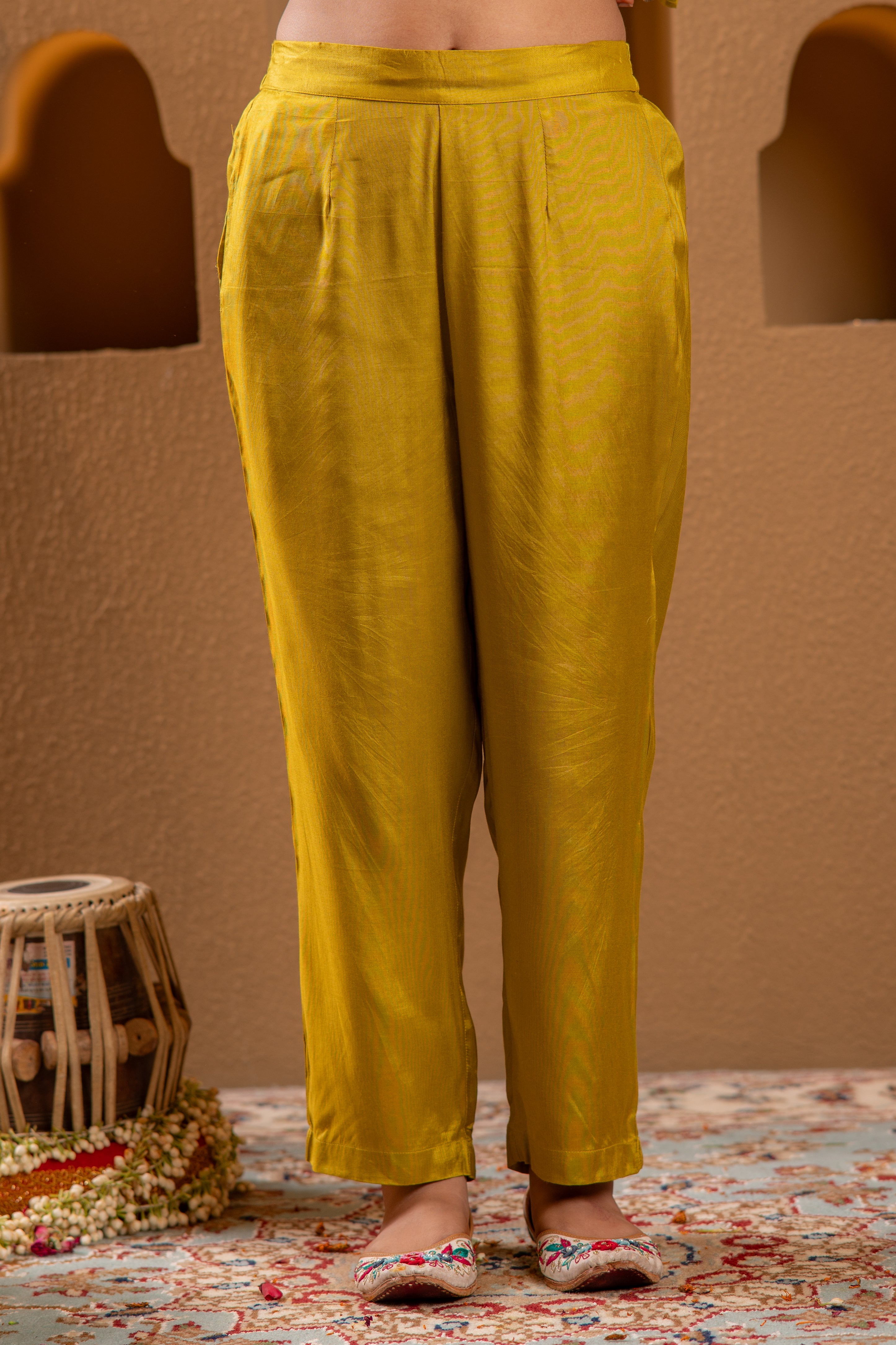 Mustard Viscose Flared Kurta with Pants & Dupatta Set with Thread & Zari Work