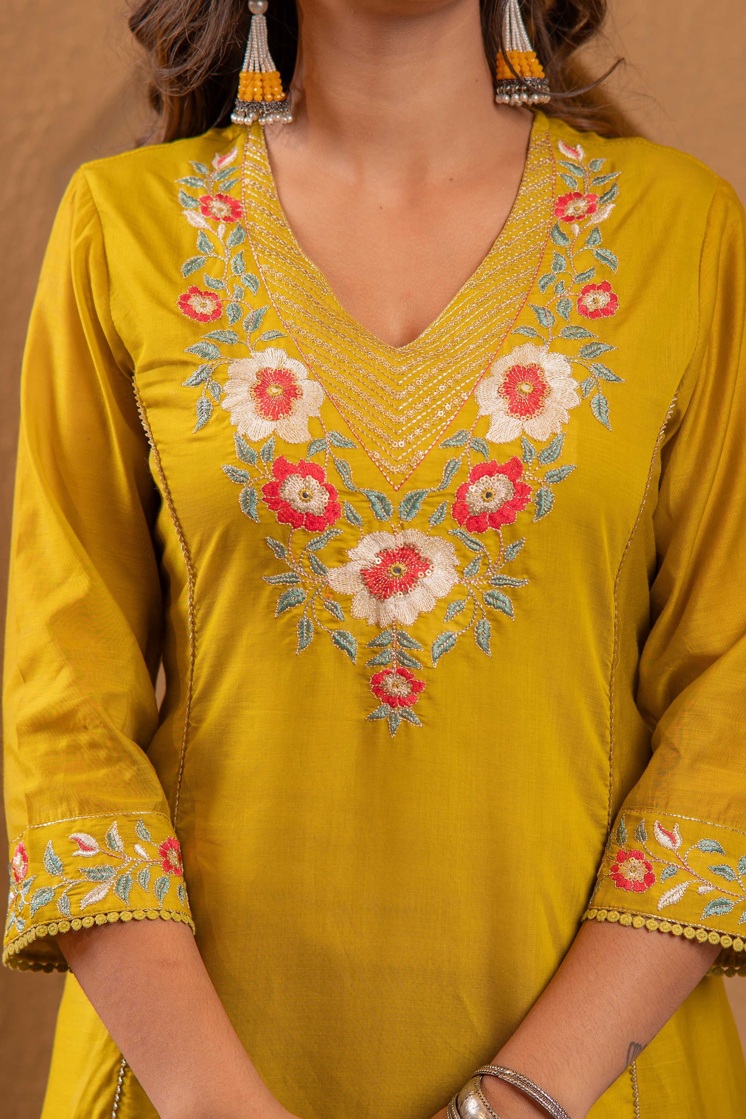 Mustard Viscose Flared Kurta with Pants & Dupatta Set with Thread & Zari Work
