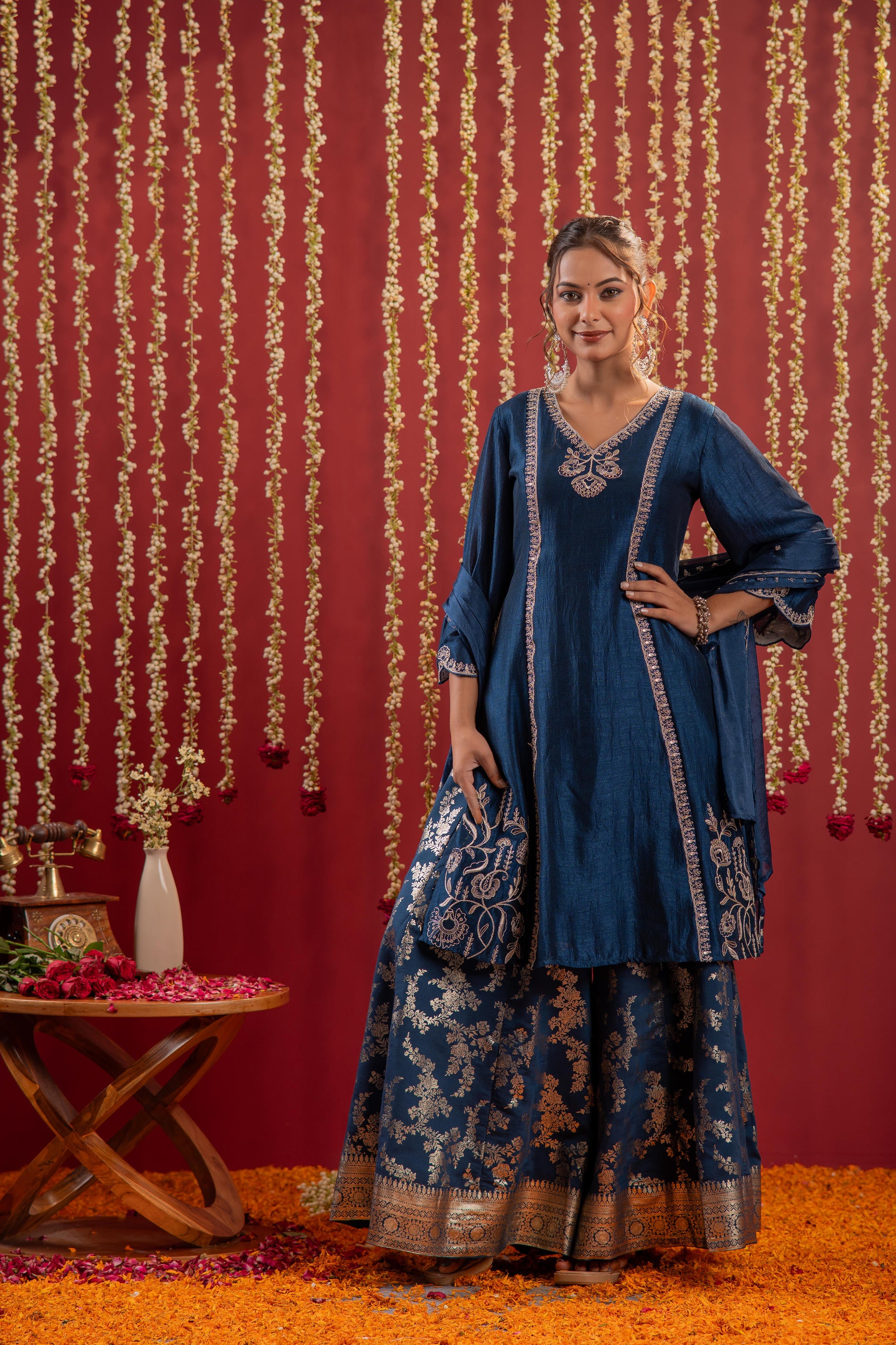Regal Navy Blue Embroidered Set with Dupatta