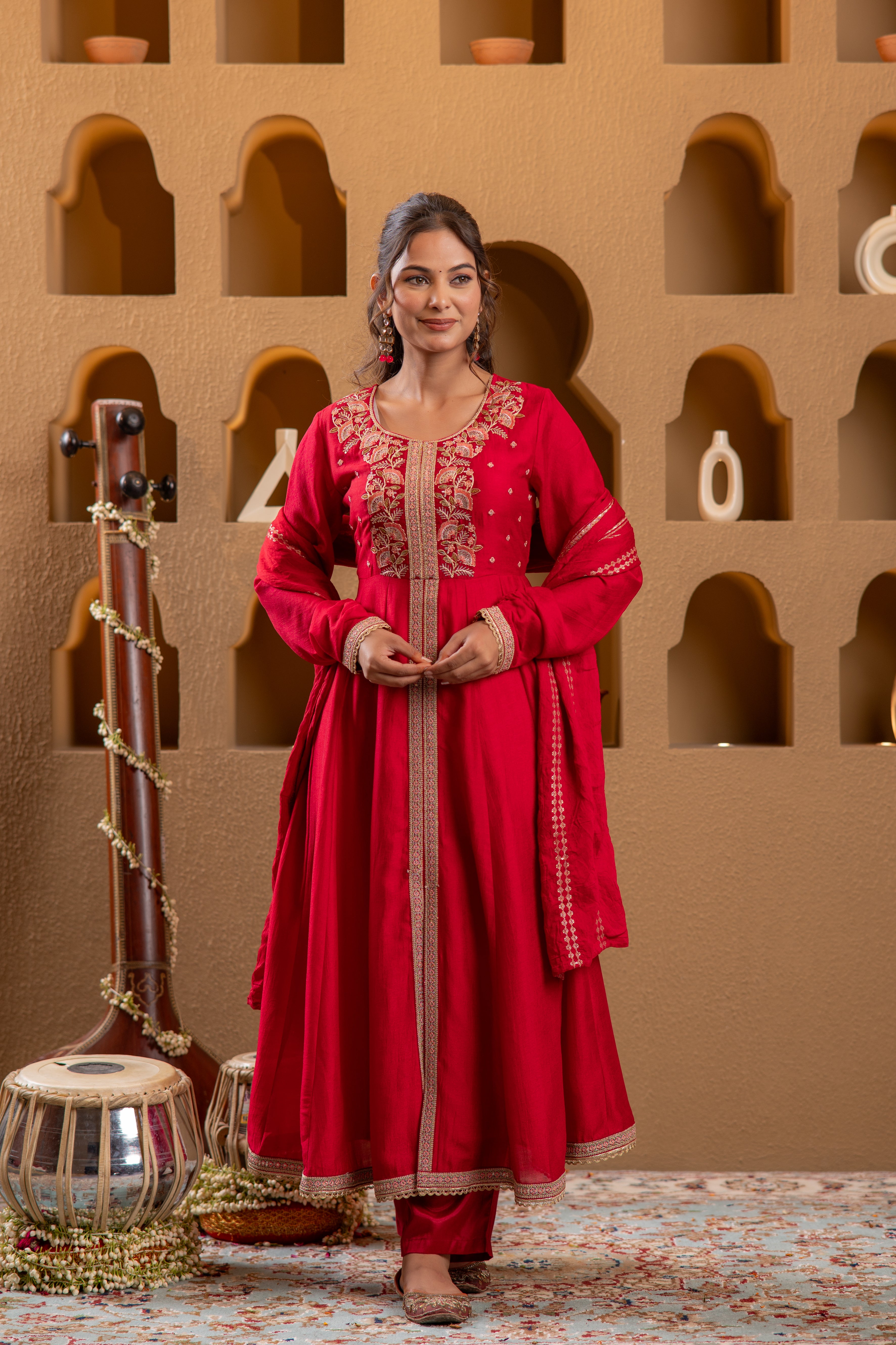 Red Manmade Fiber Flared Anarkali Kurta Pant And Dupatta Set with Zari, Mirror, Thread & Sequin Work