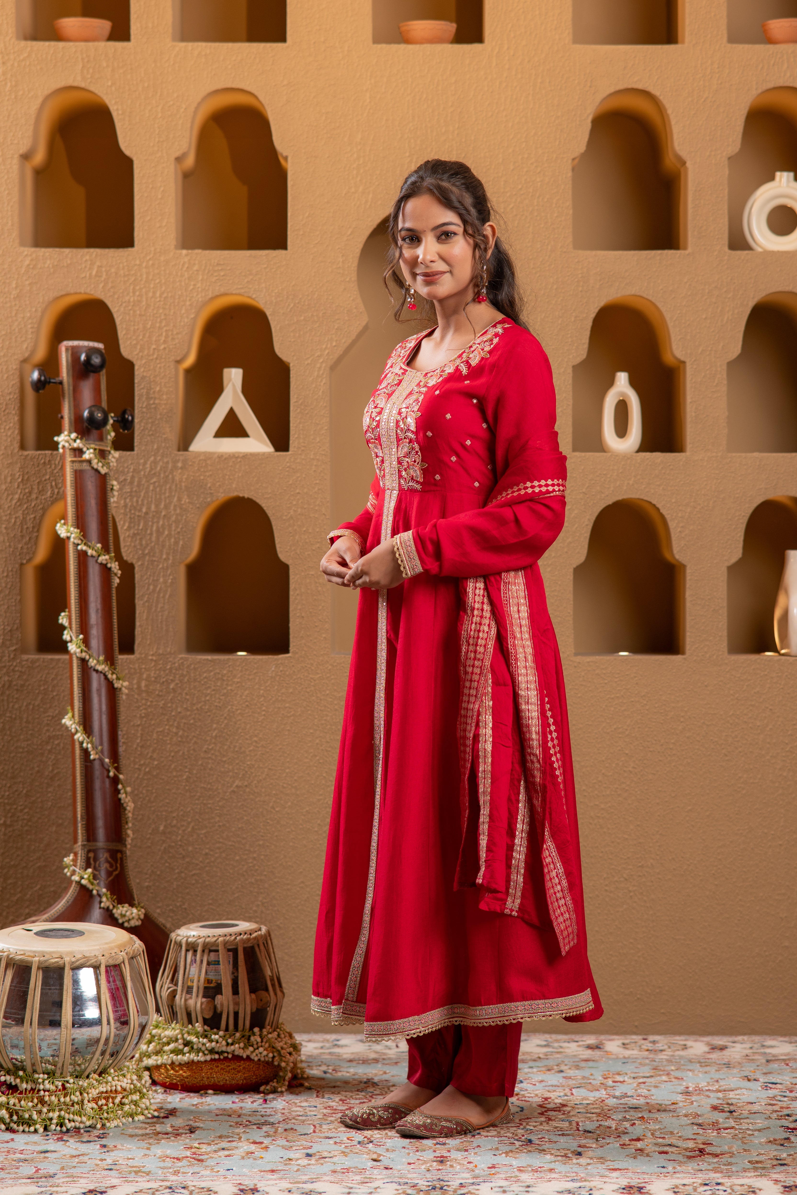 Red Manmade Fiber Flared Anarkali Kurta Pant And Dupatta Set with Zari, Mirror, Thread & Sequin Work