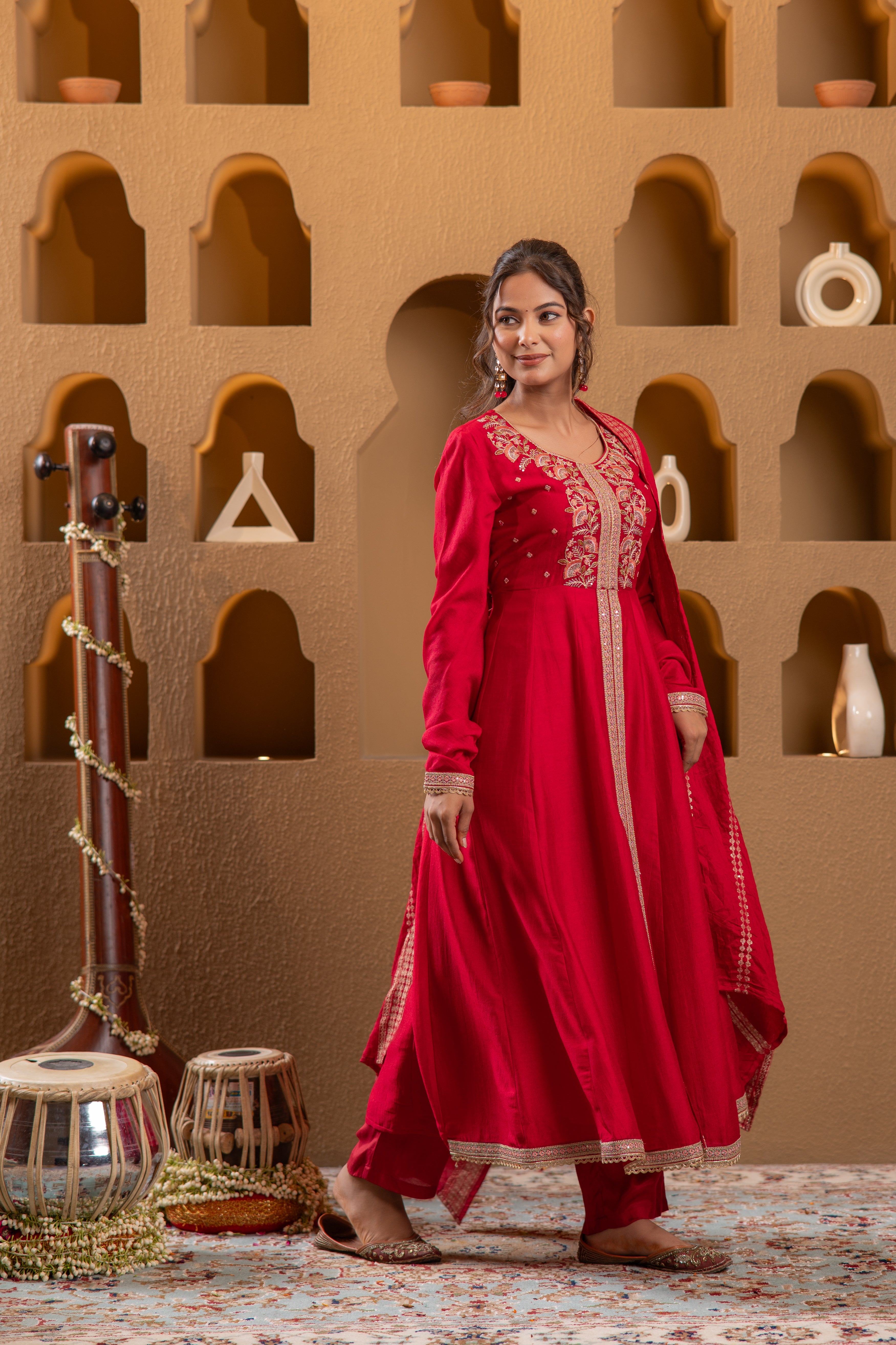 Red Manmade Fiber Flared Anarkali Kurta Pant And Dupatta Set with Zari, Mirror, Thread & Sequin Work