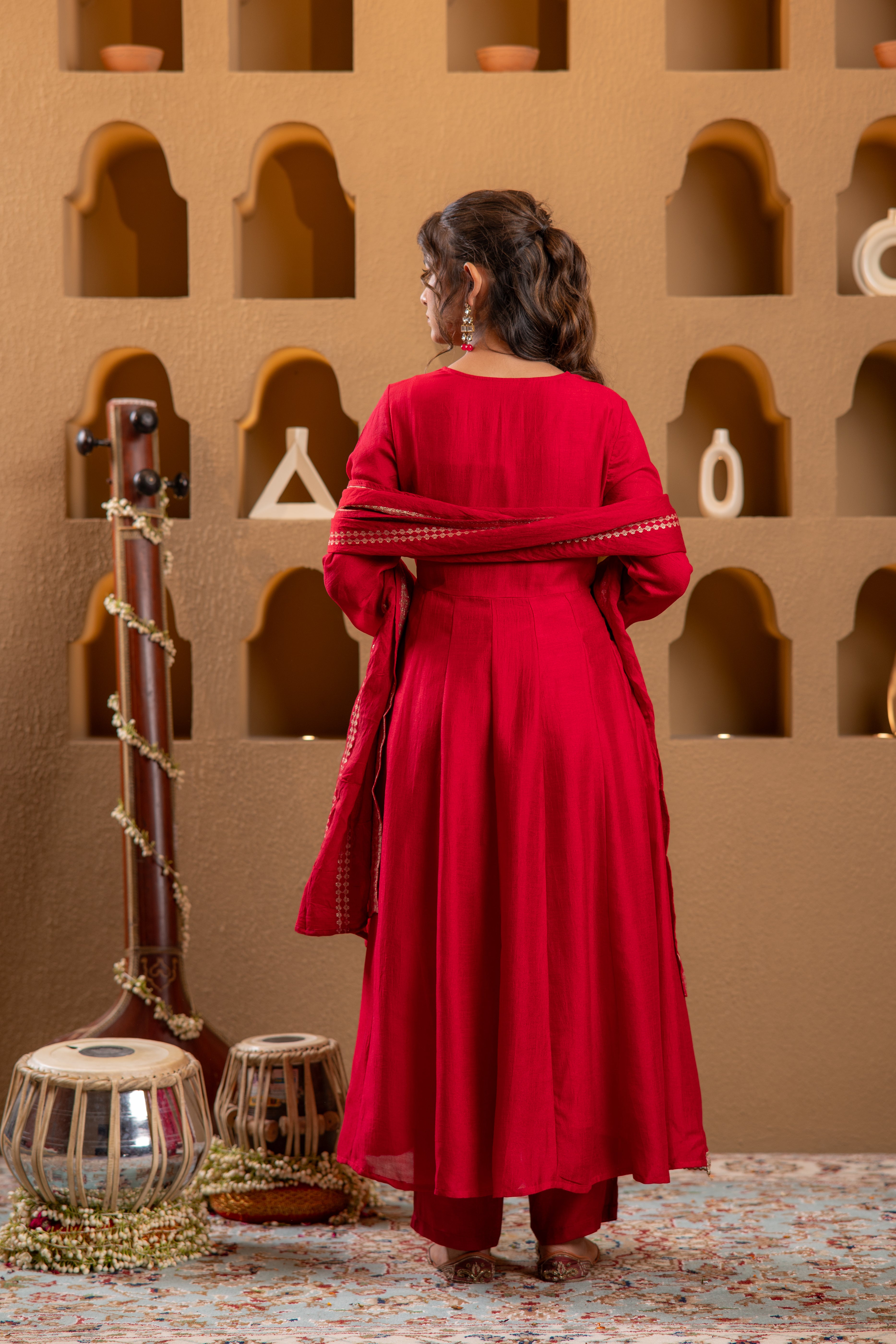 Red Manmade Fiber Flared Anarkali Kurta Pant And Dupatta Set with Zari, Mirror, Thread & Sequin Work