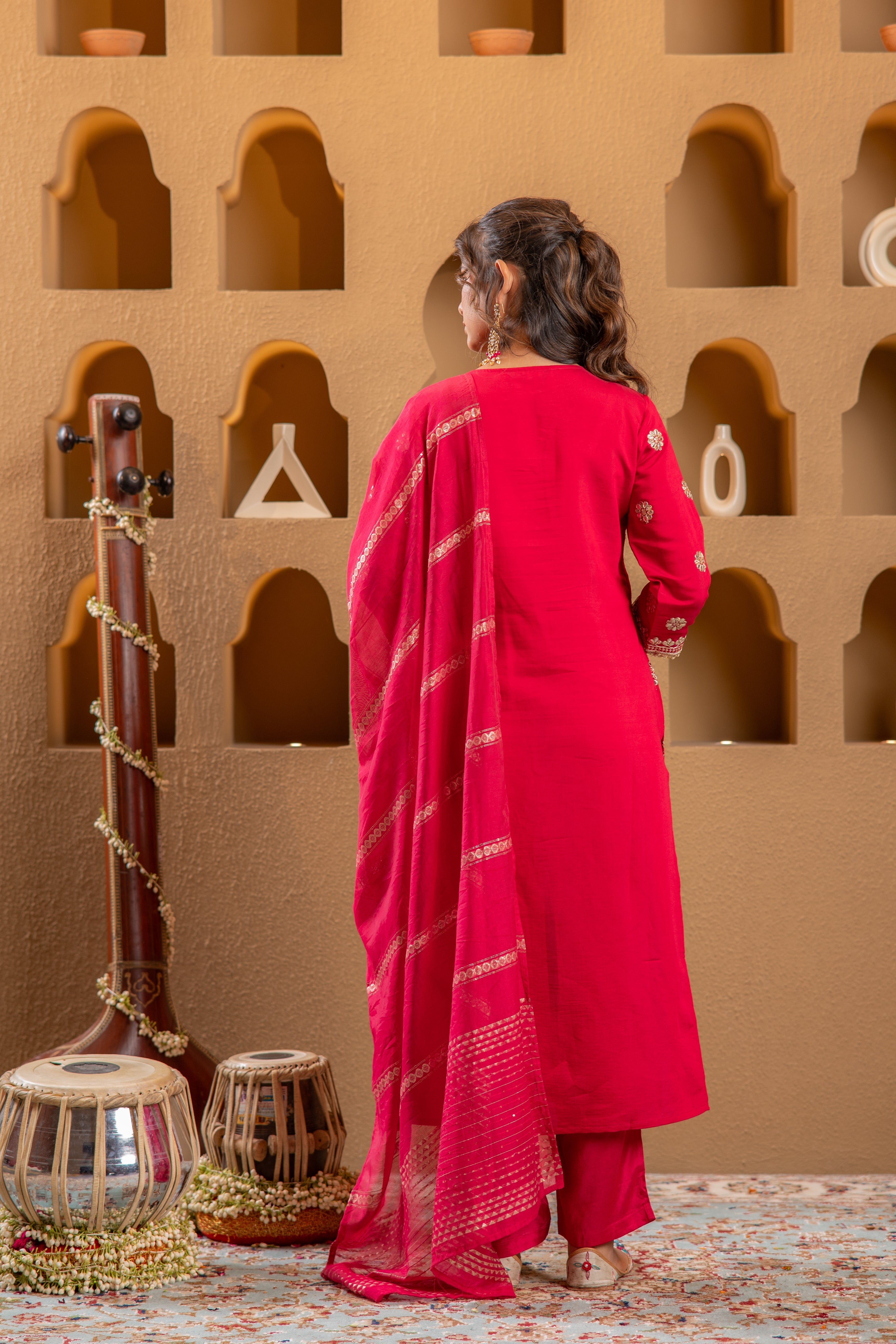 Magenta Viscose Straight Kurta Pant And Dupatta Set with Gota Patti & Sequence Work