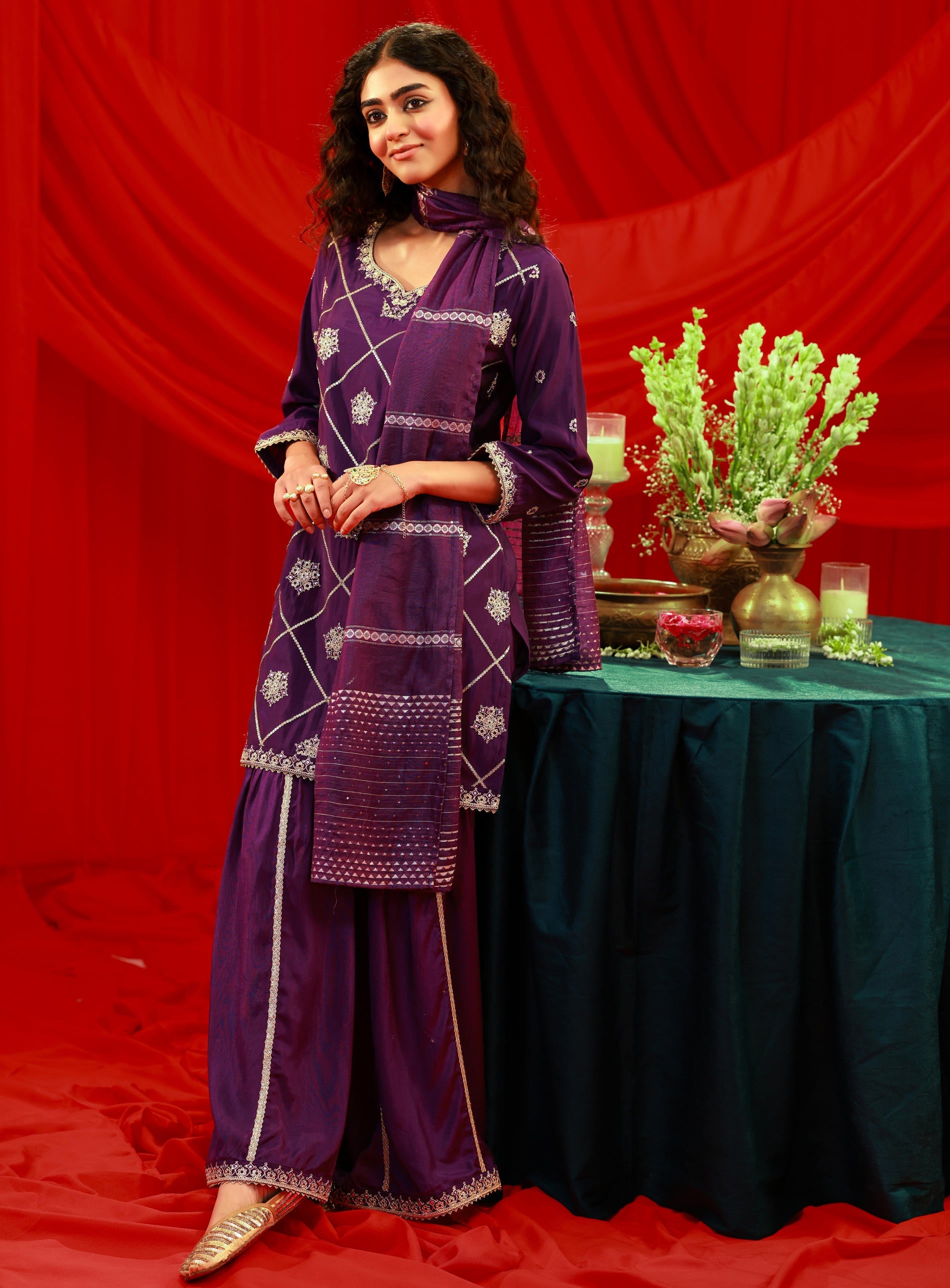 Violet Viscose A-Line Kurta Pant And Dupatta Set with Zari, Mirror, Beads & Sequence Work