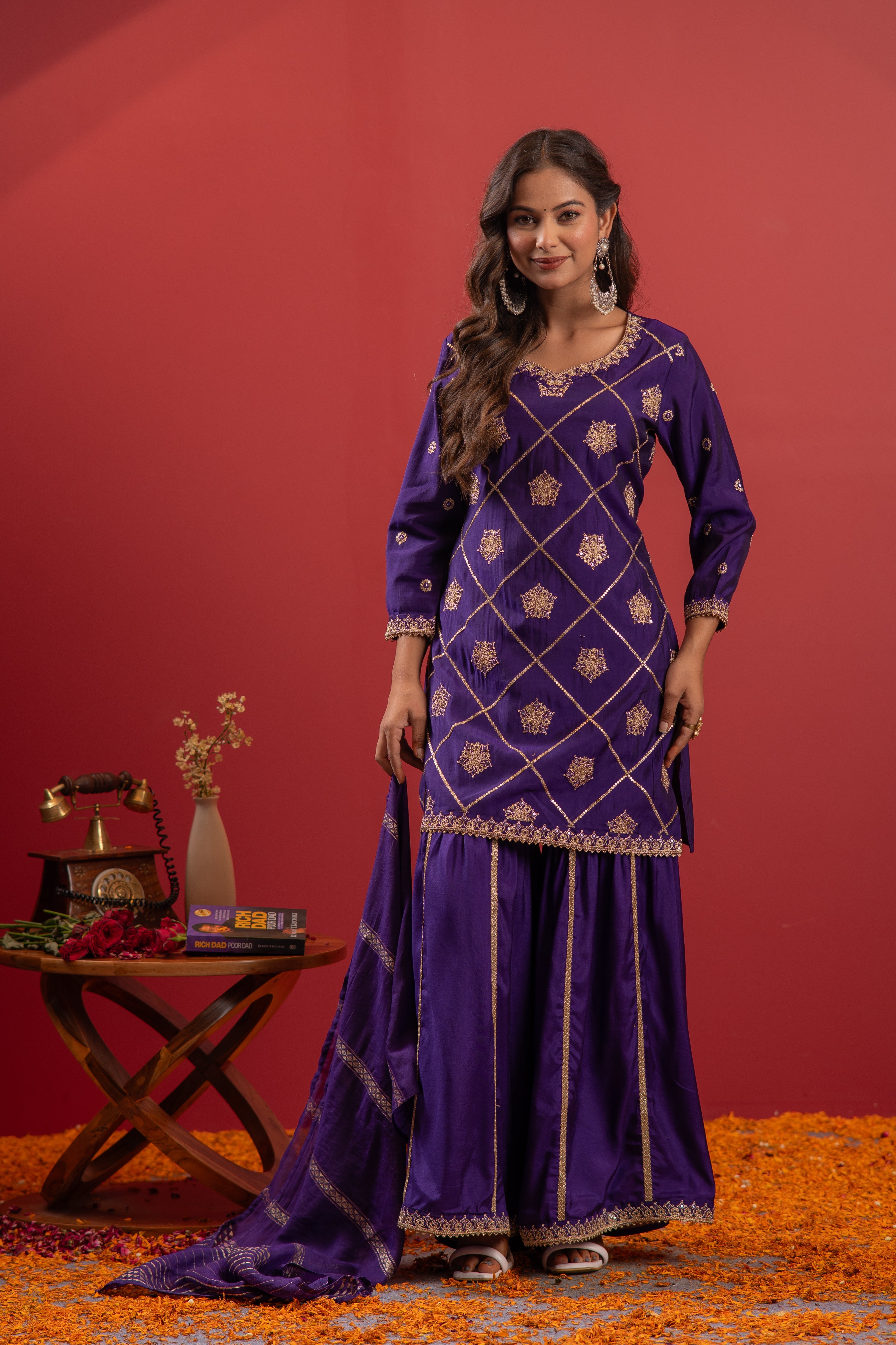 Violet Viscose A-Line Kurta Pant And Dupatta Set with Zari, Mirror, Beads & Sequence Work