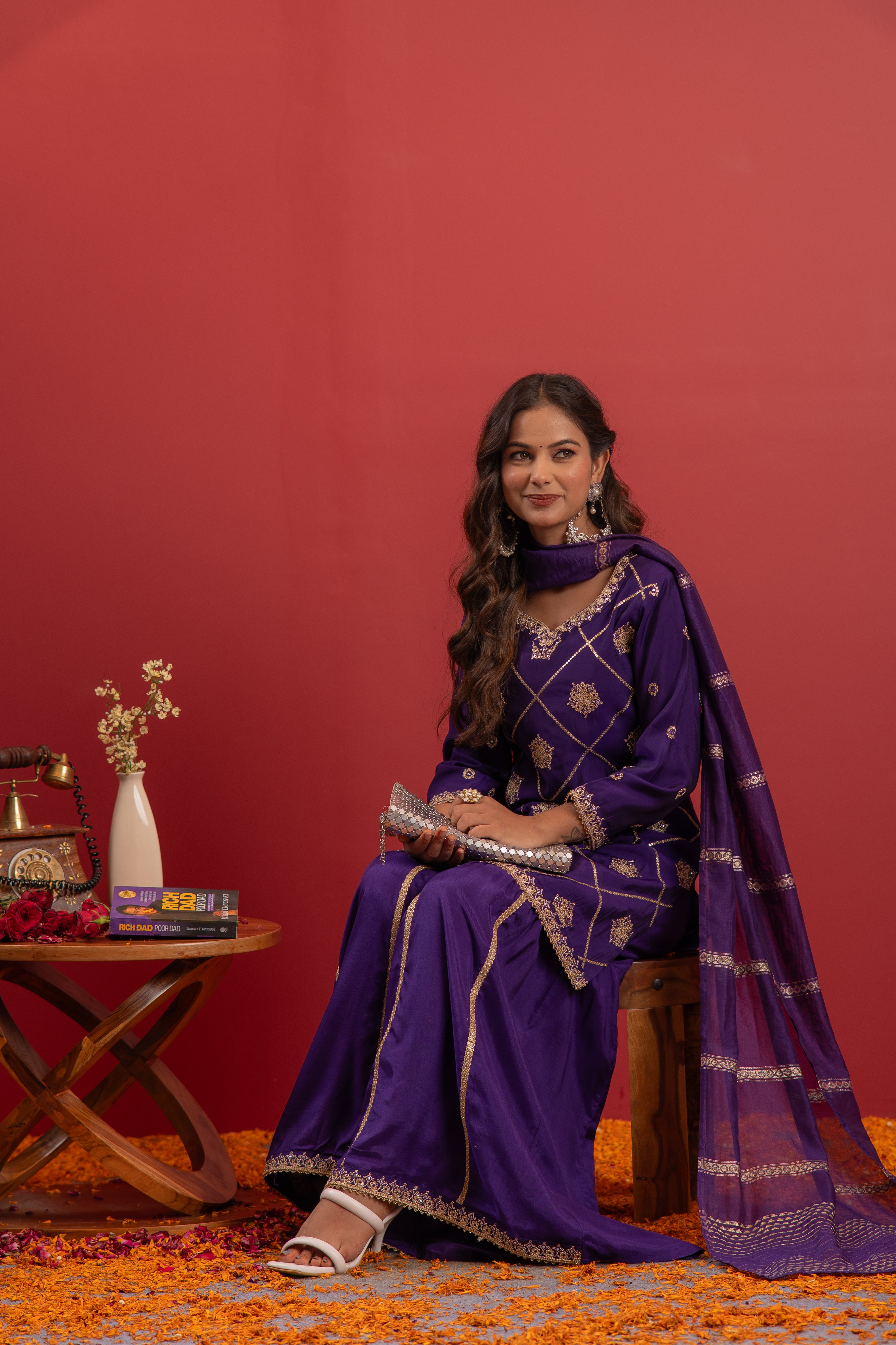 Violet Viscose A-Line Kurta Pant And Dupatta Set with Zari, Mirror, Beads & Sequence Work