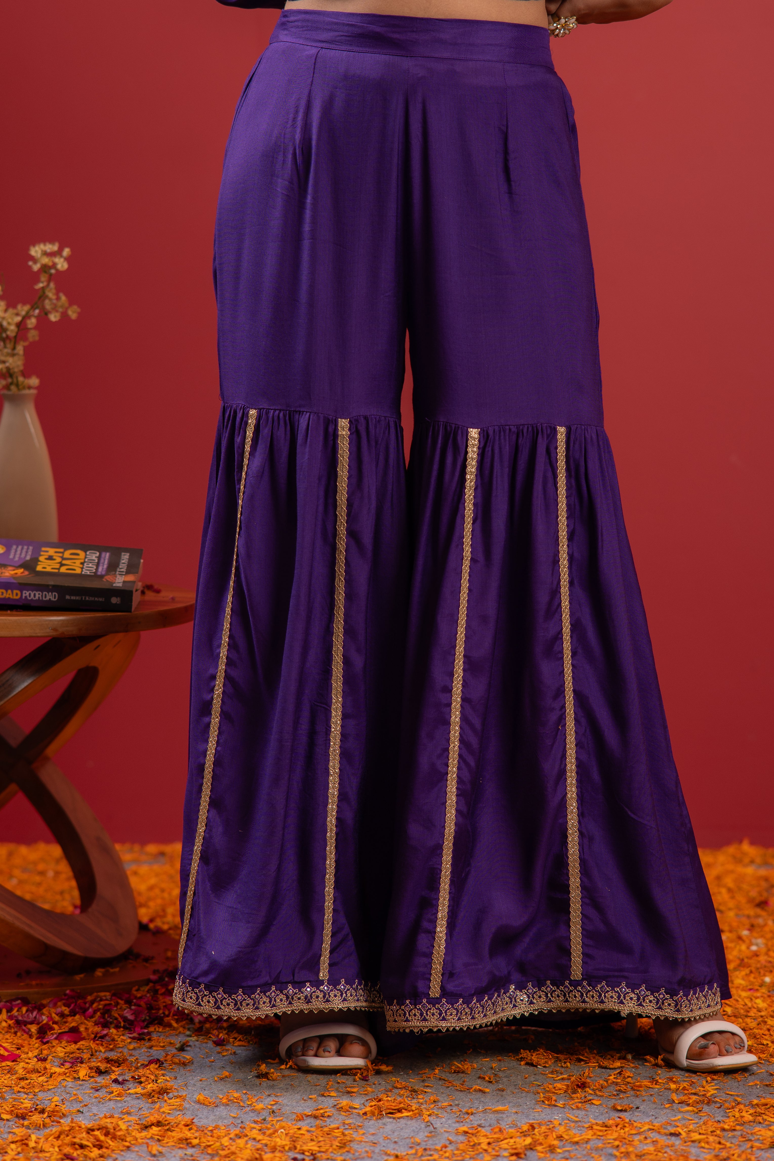 Violet Viscose A-Line Kurta Pant And Dupatta Set with Zari, Mirror, Beads & Sequence Work