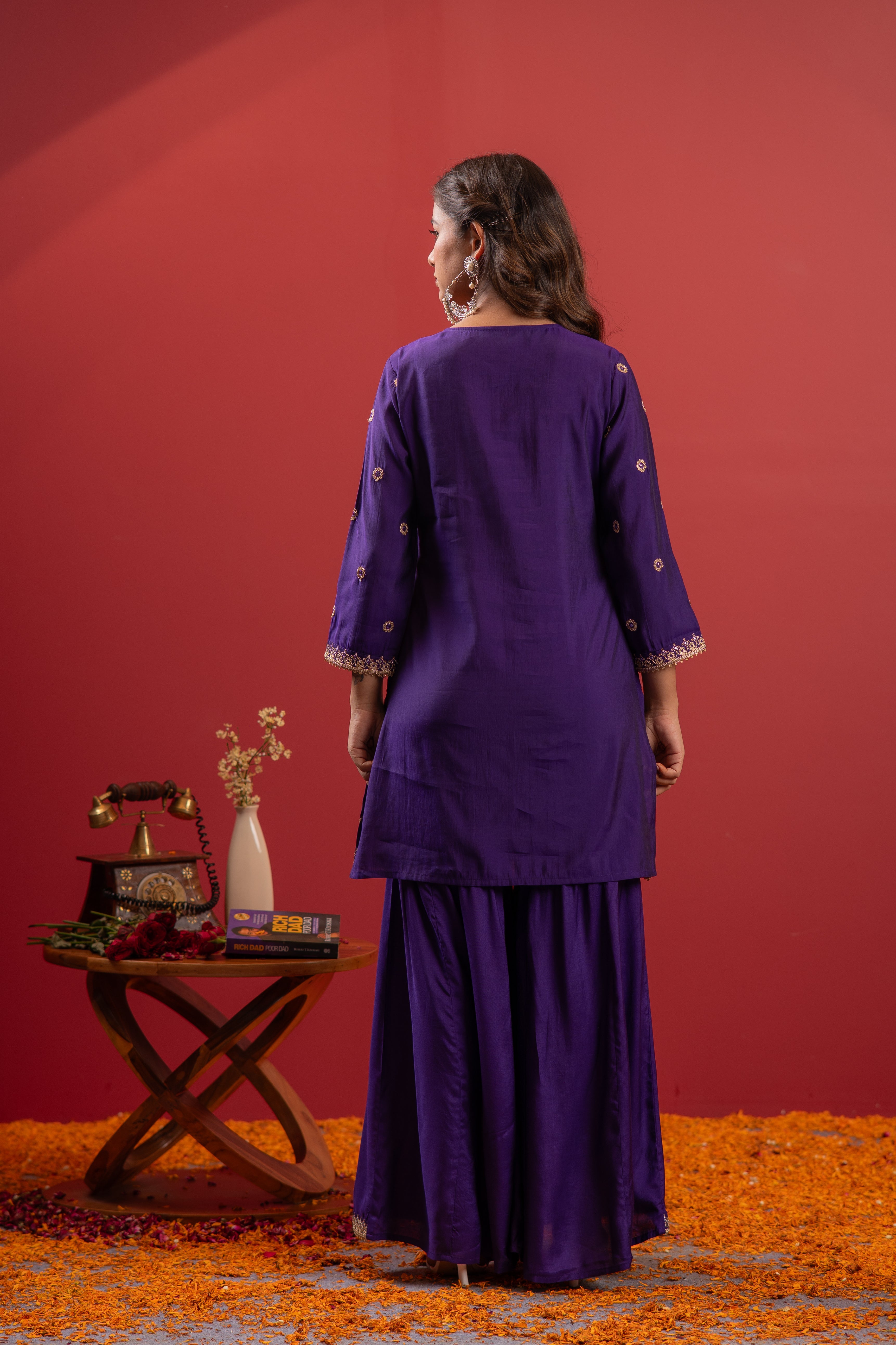 Violet Viscose A-Line Kurta Pant And Dupatta Set with Zari, Mirror, Beads & Sequence Work