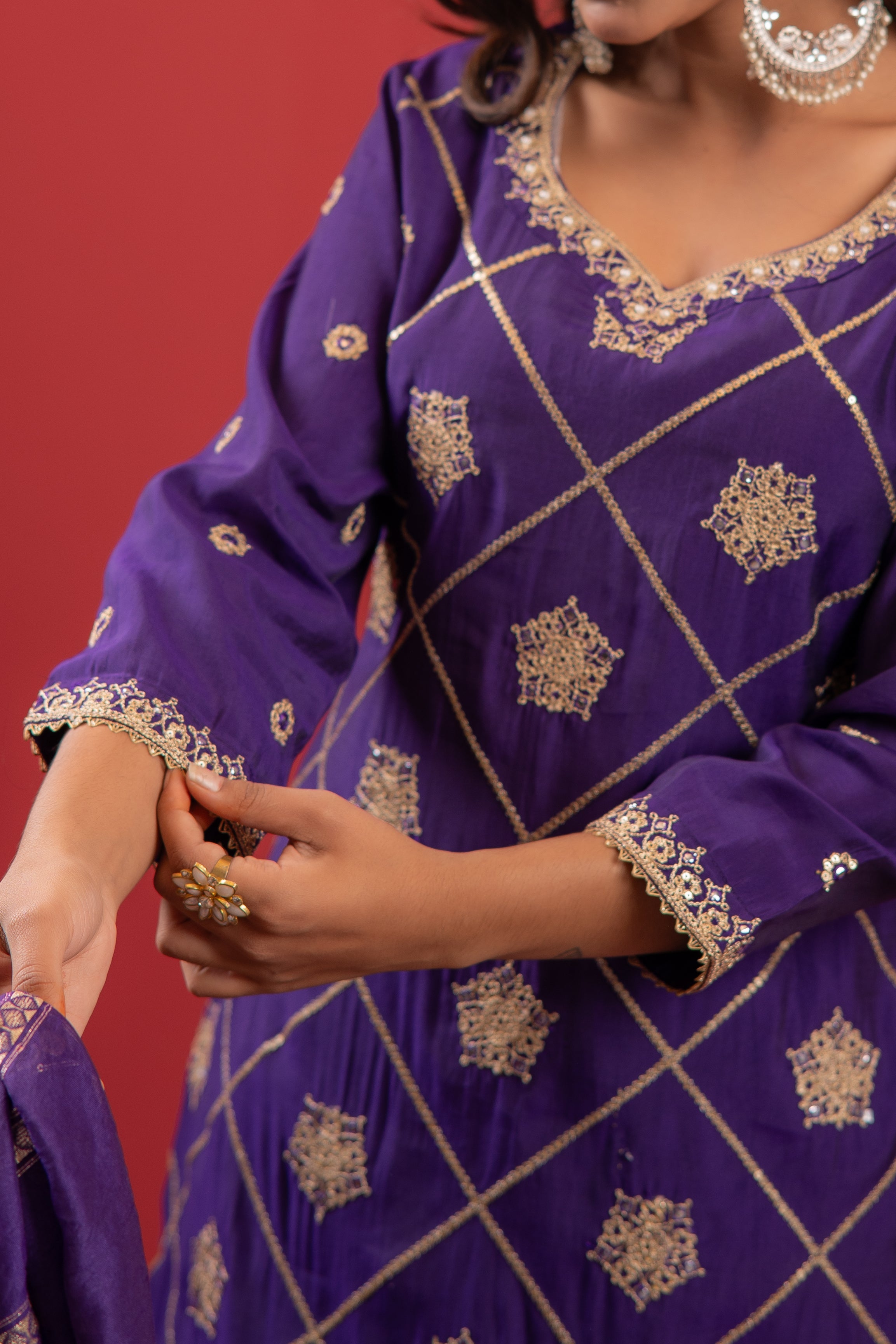 Violet Viscose A-Line Kurta Pant And Dupatta Set with Zari, Mirror, Beads & Sequence Work