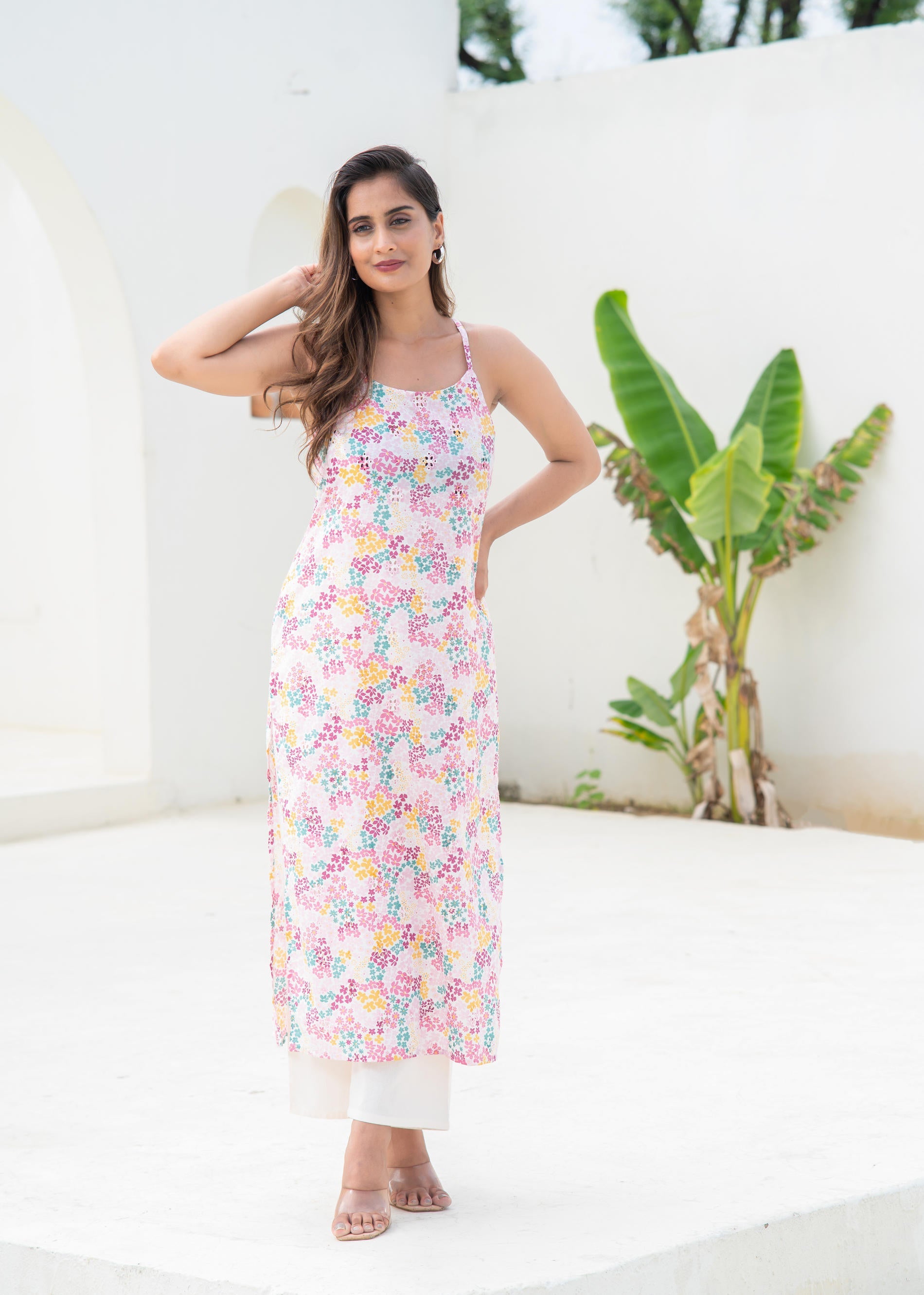 Pink Floral Printed Sleeveless Cotton Kurta
