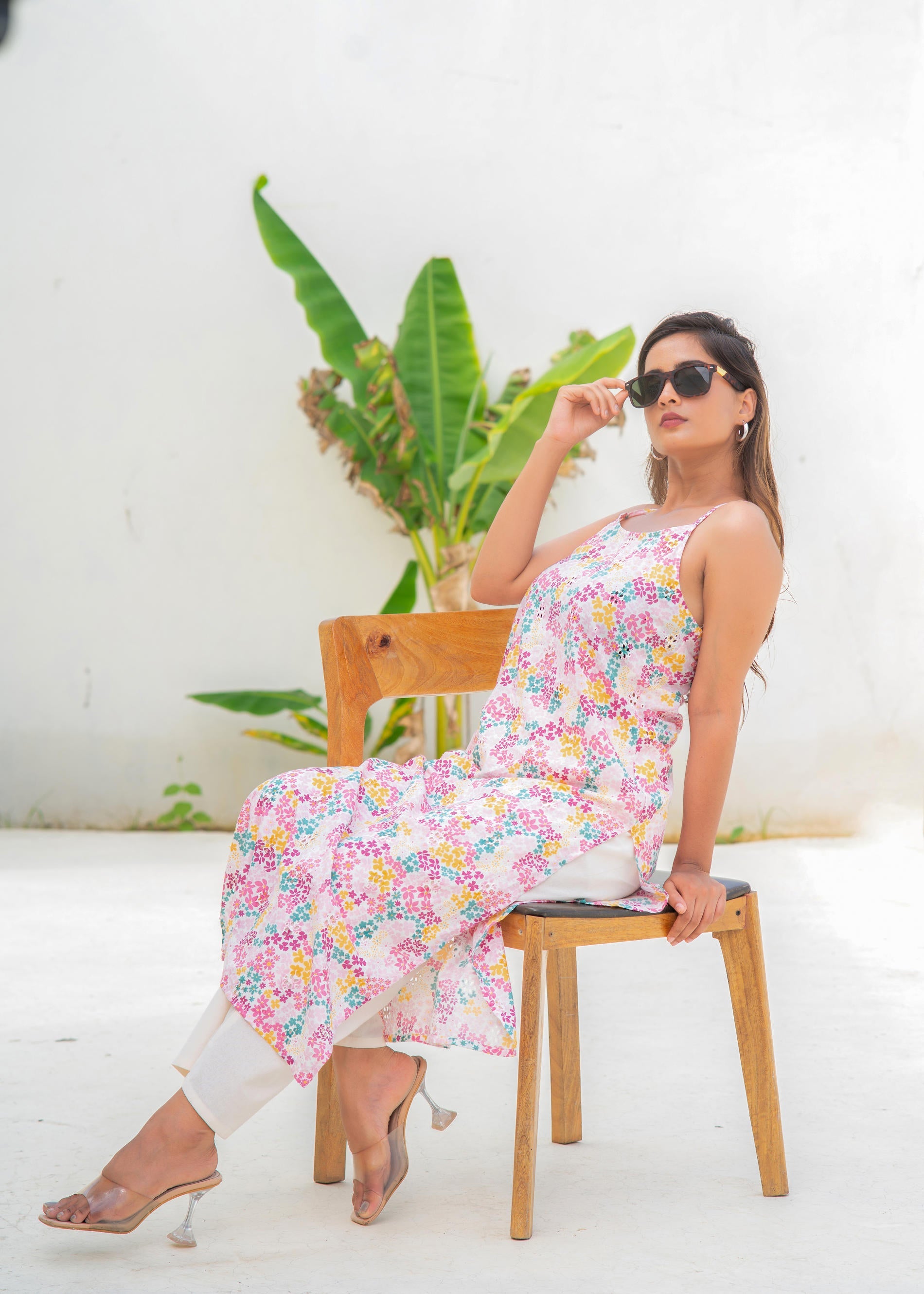 Pink Floral Printed Sleeveless Cotton Kurta