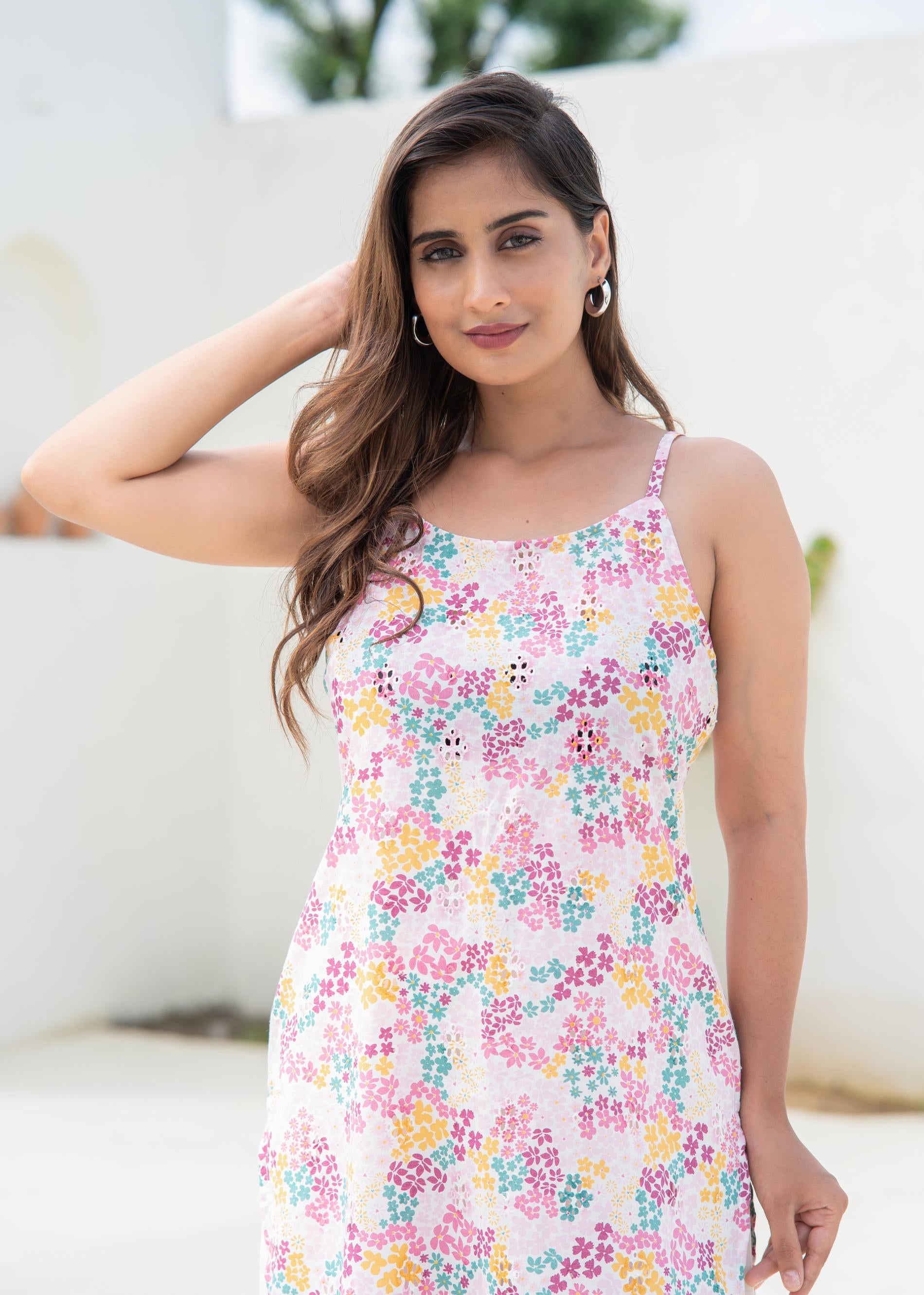 Pink Floral Printed Sleeveless Cotton Kurta