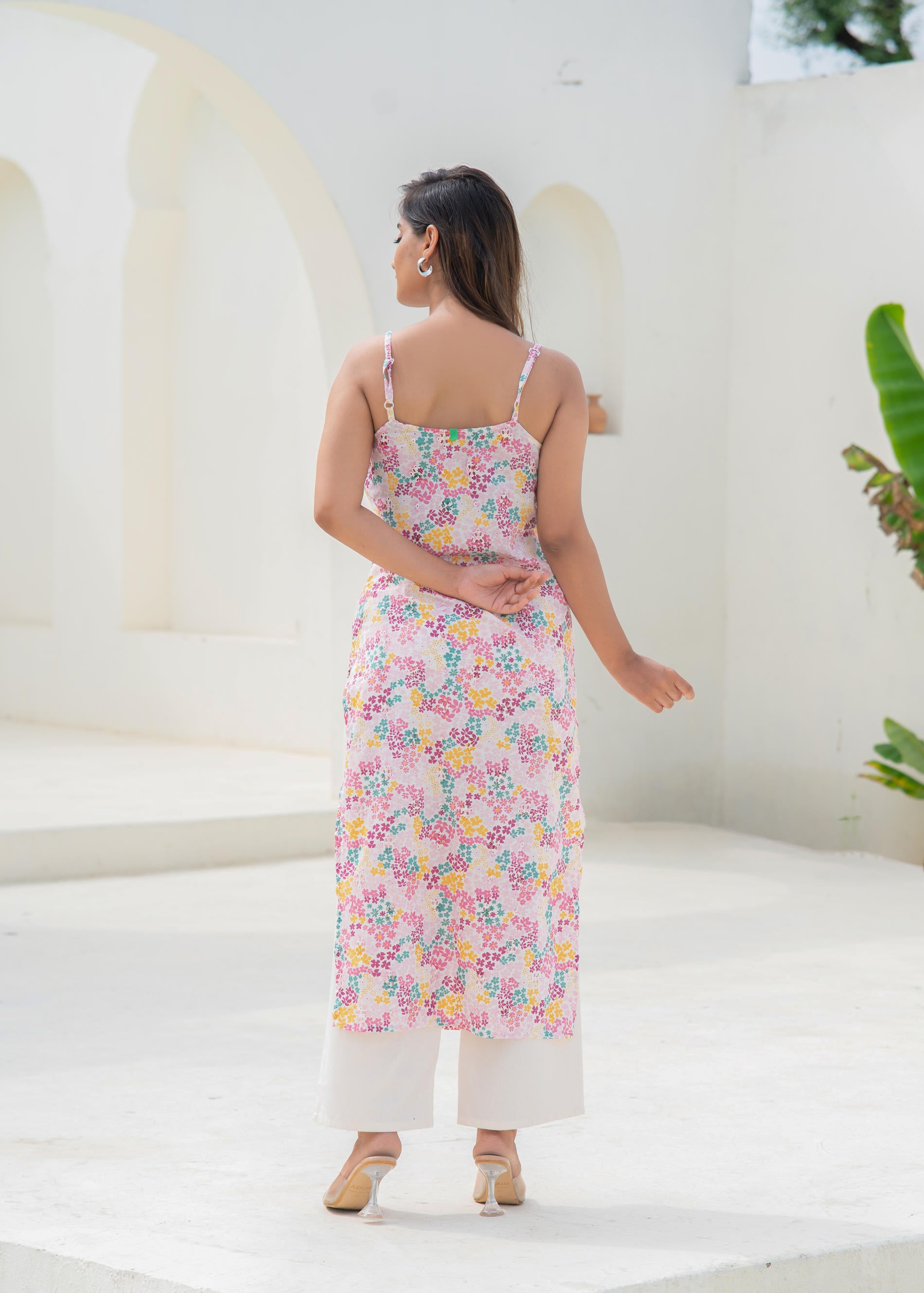 Pink Floral Printed Sleeveless Cotton Kurta