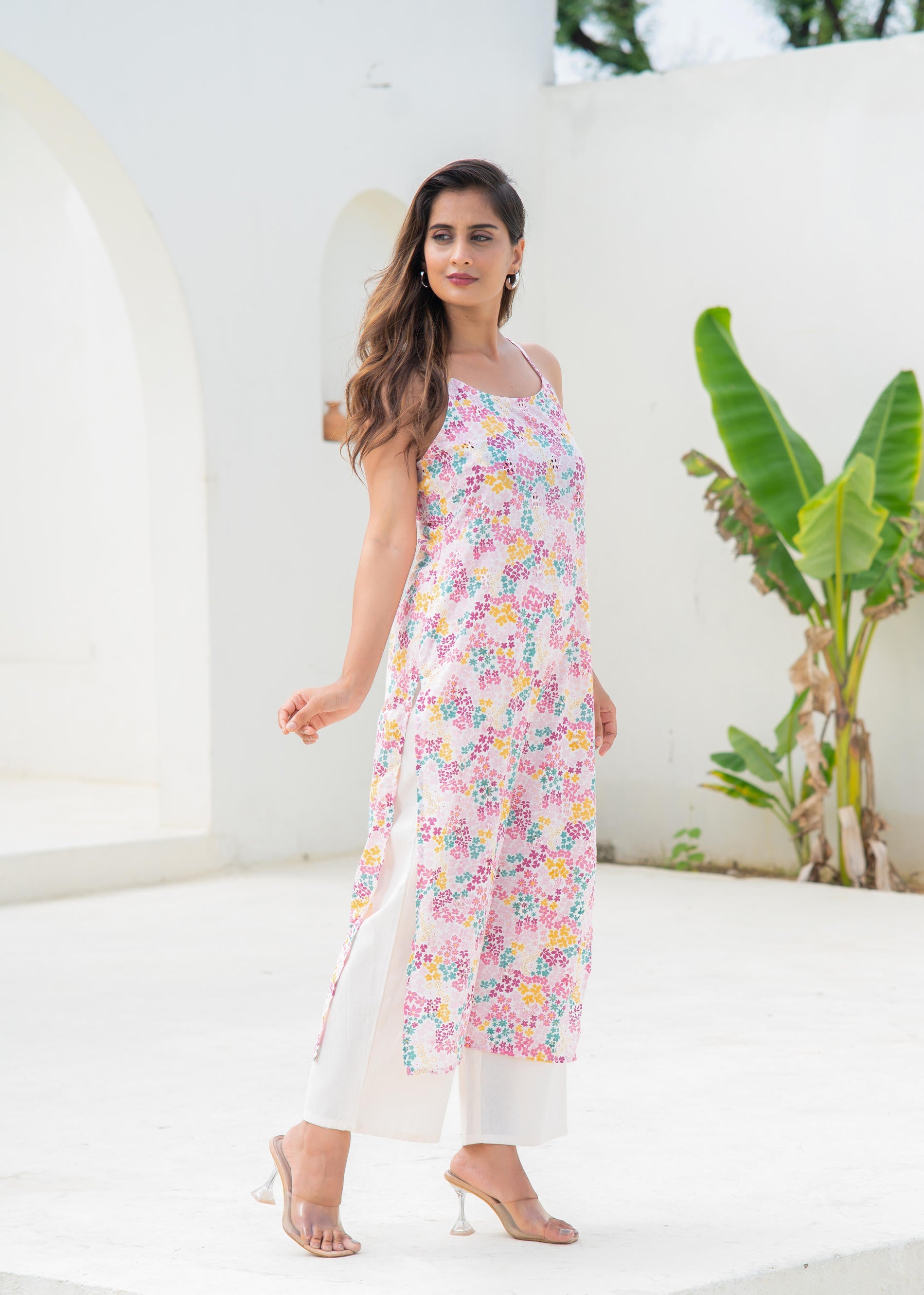 Pink Floral Printed Sleeveless Cotton Kurta