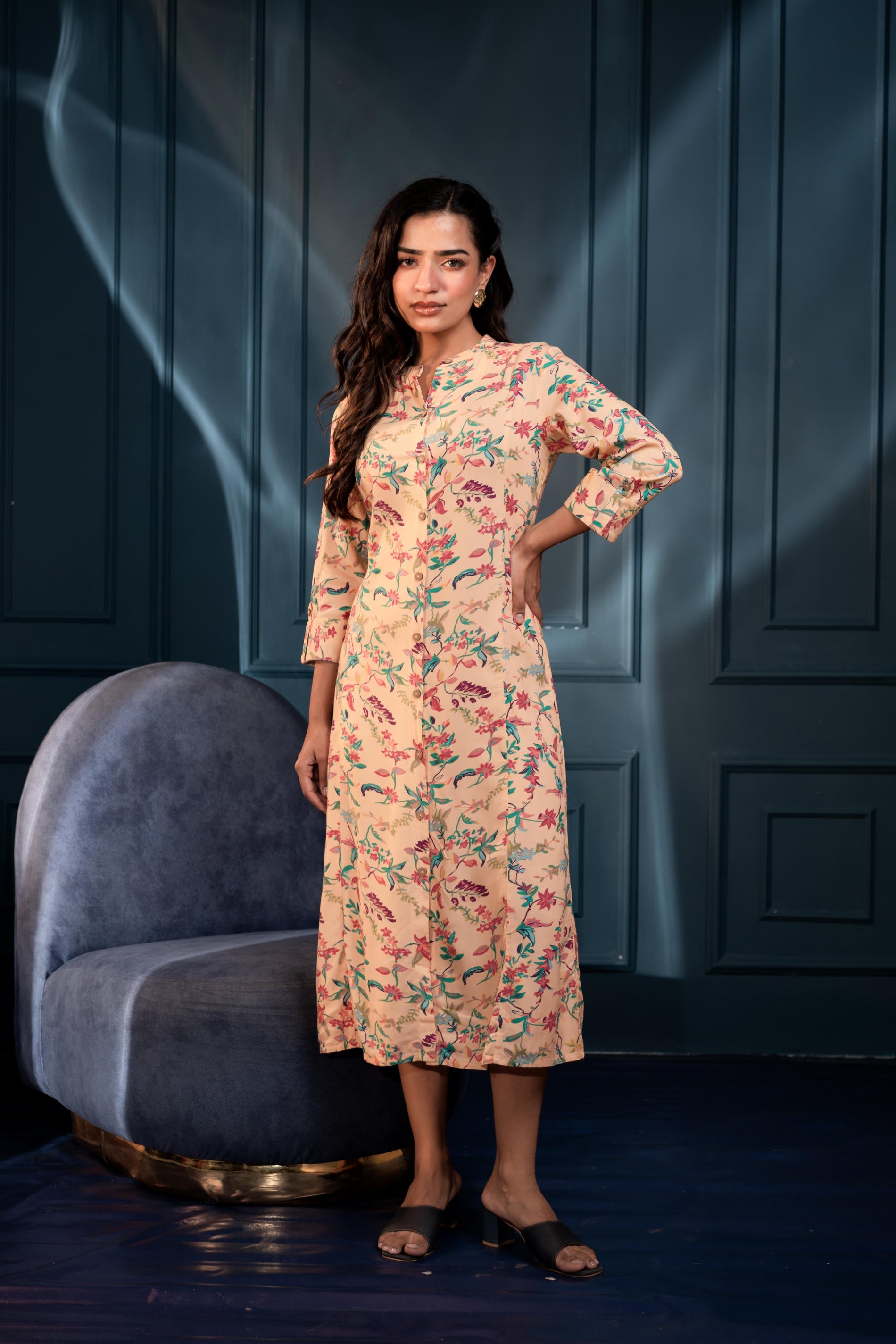 Peach Floral Printed Button-Down Viscose A-Line Kurta