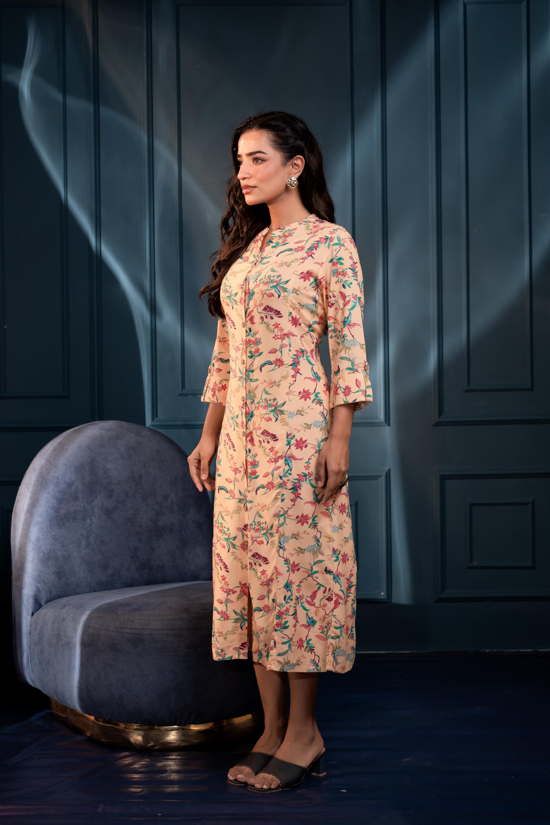 Peach Floral Printed Button-Down Viscose A-Line Kurta