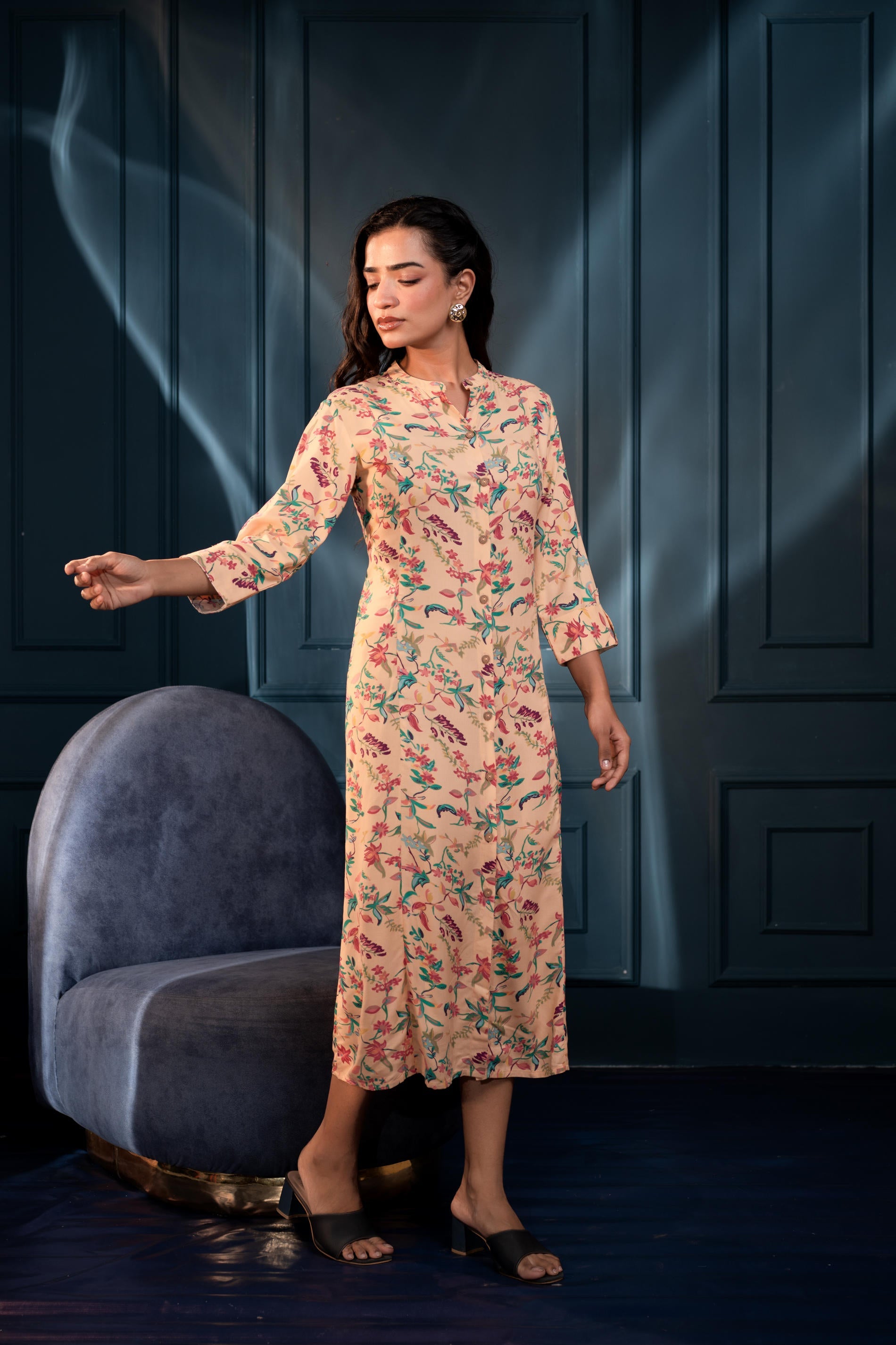 Peach Floral Printed Button-Down Viscose A-Line Kurta