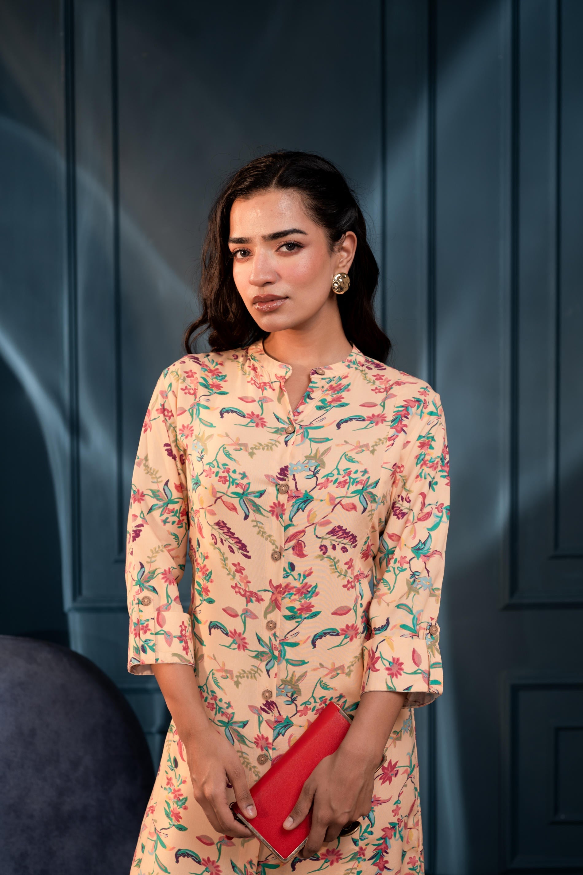 Peach Floral Printed Button-Down Viscose A-Line Kurta