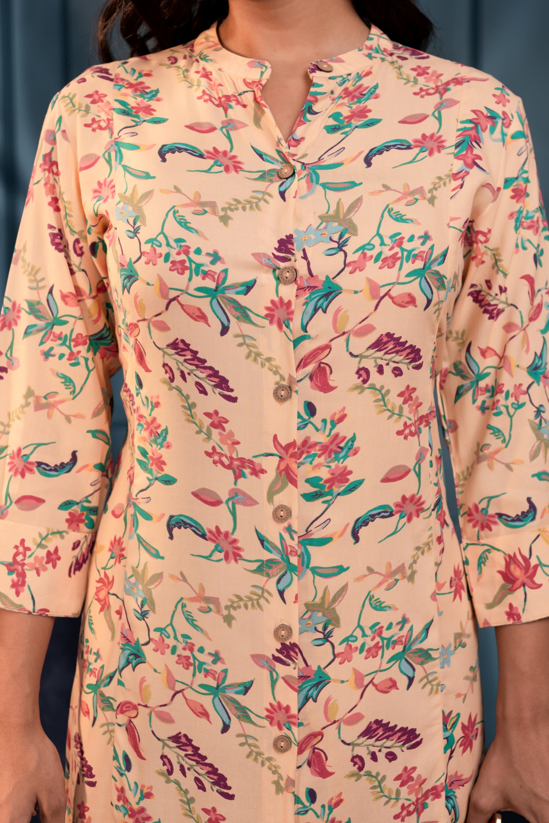 Peach Floral Printed Button-Down Viscose A-Line Kurta