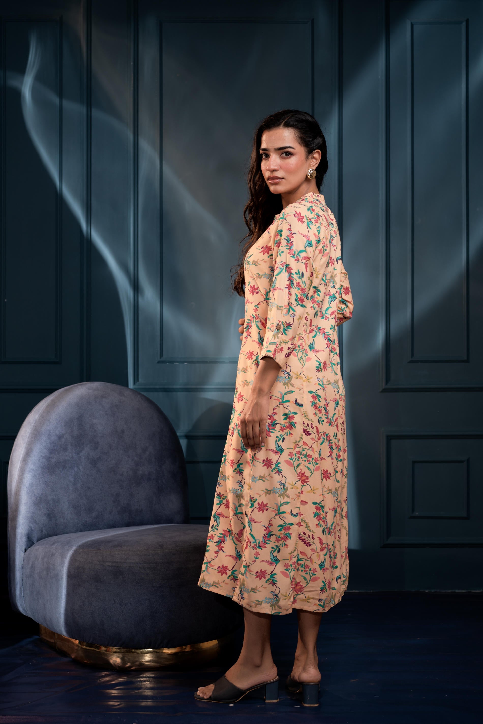 Peach Floral Printed Button-Down Viscose A-Line Kurta