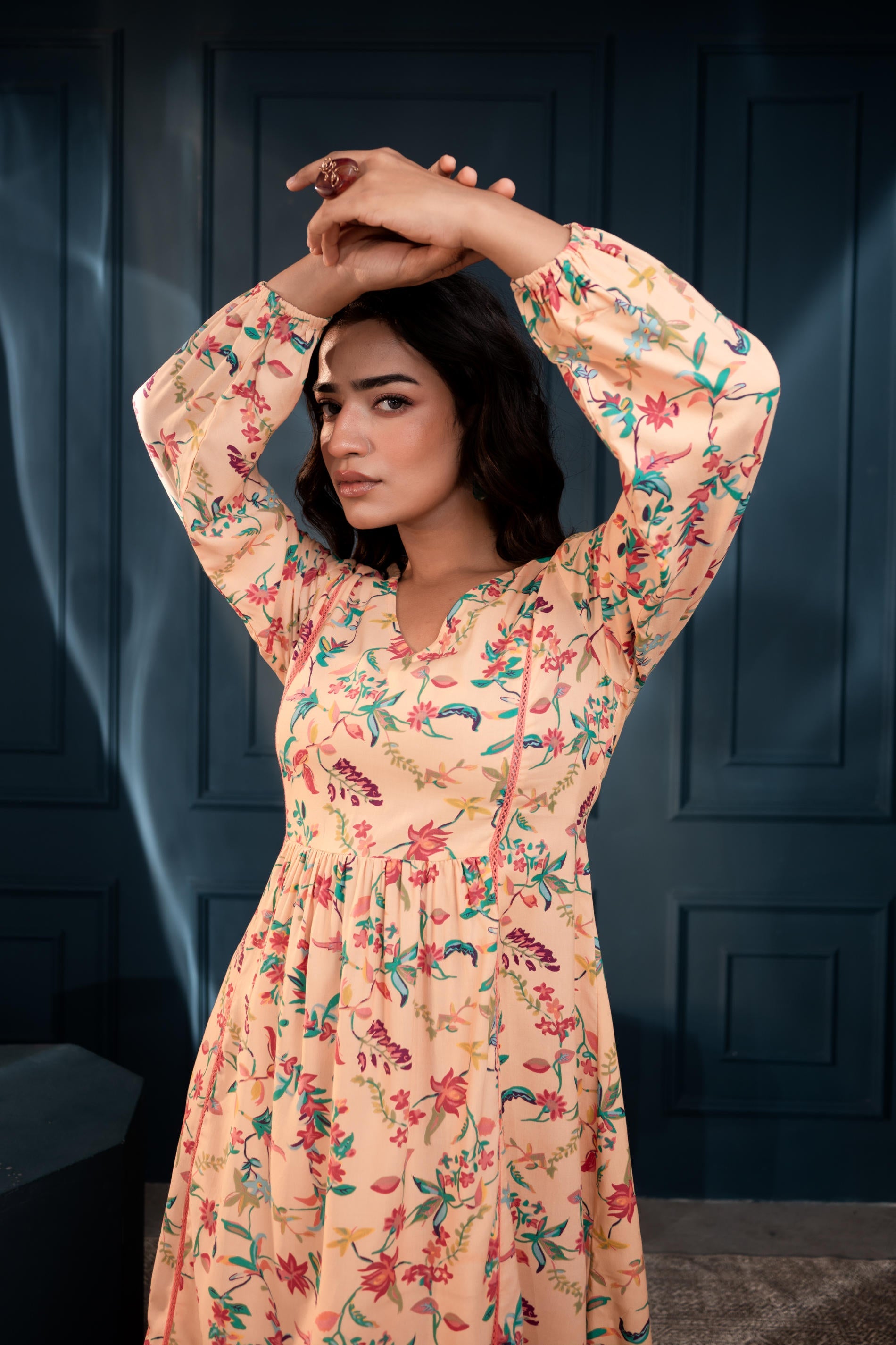 Floral Printed Fit & Flare Viscose Dress with Full Sleeves