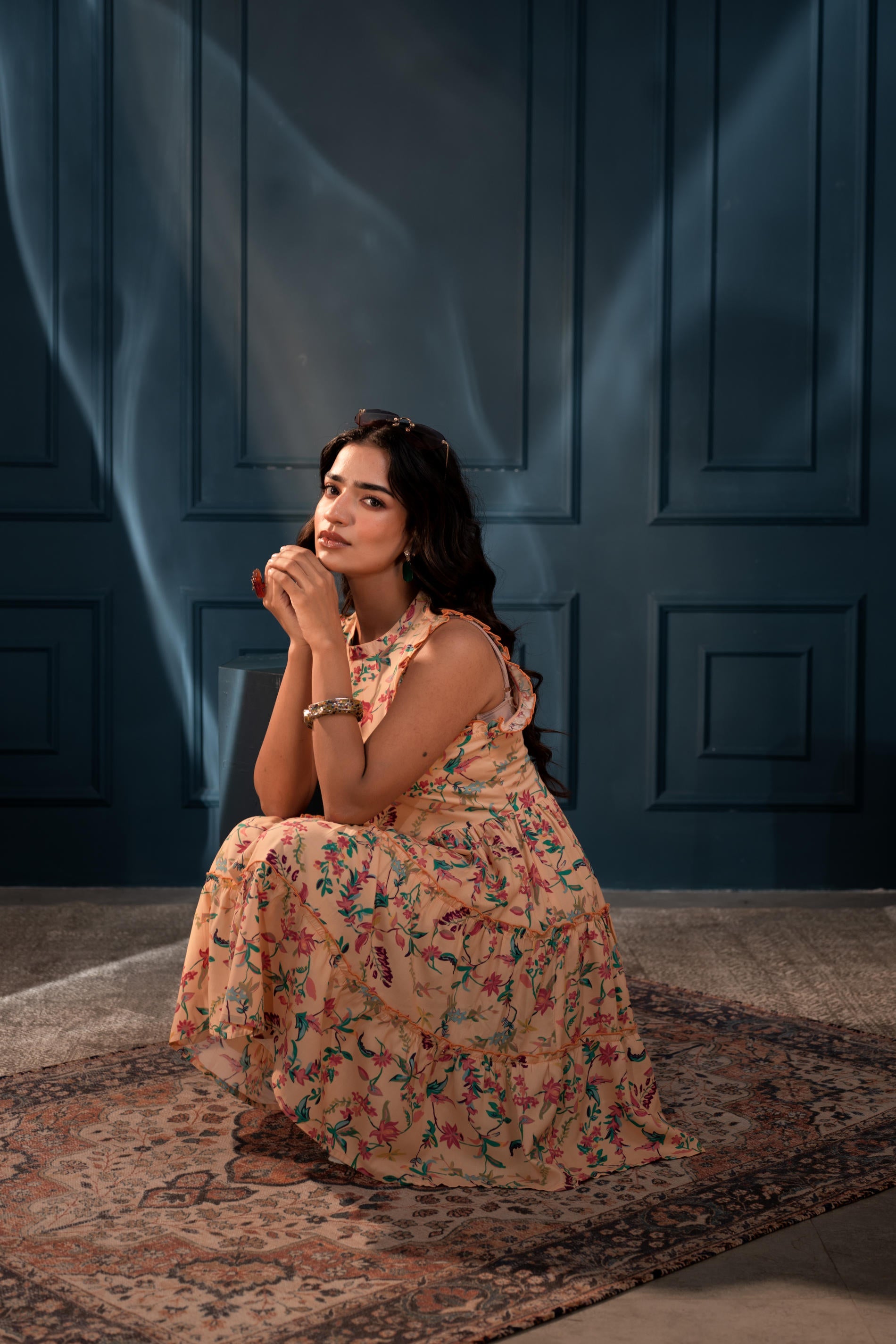 Floral Printed Fit & Flare Viscose Dress with Full Sleeves