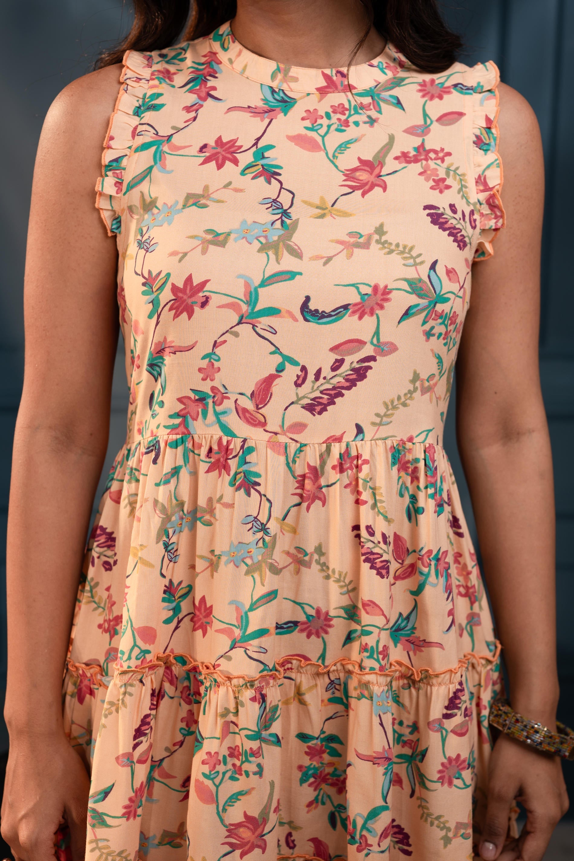 Peach-Purple-Blue Floral Sleeveless Tiered Viscose Short Dress