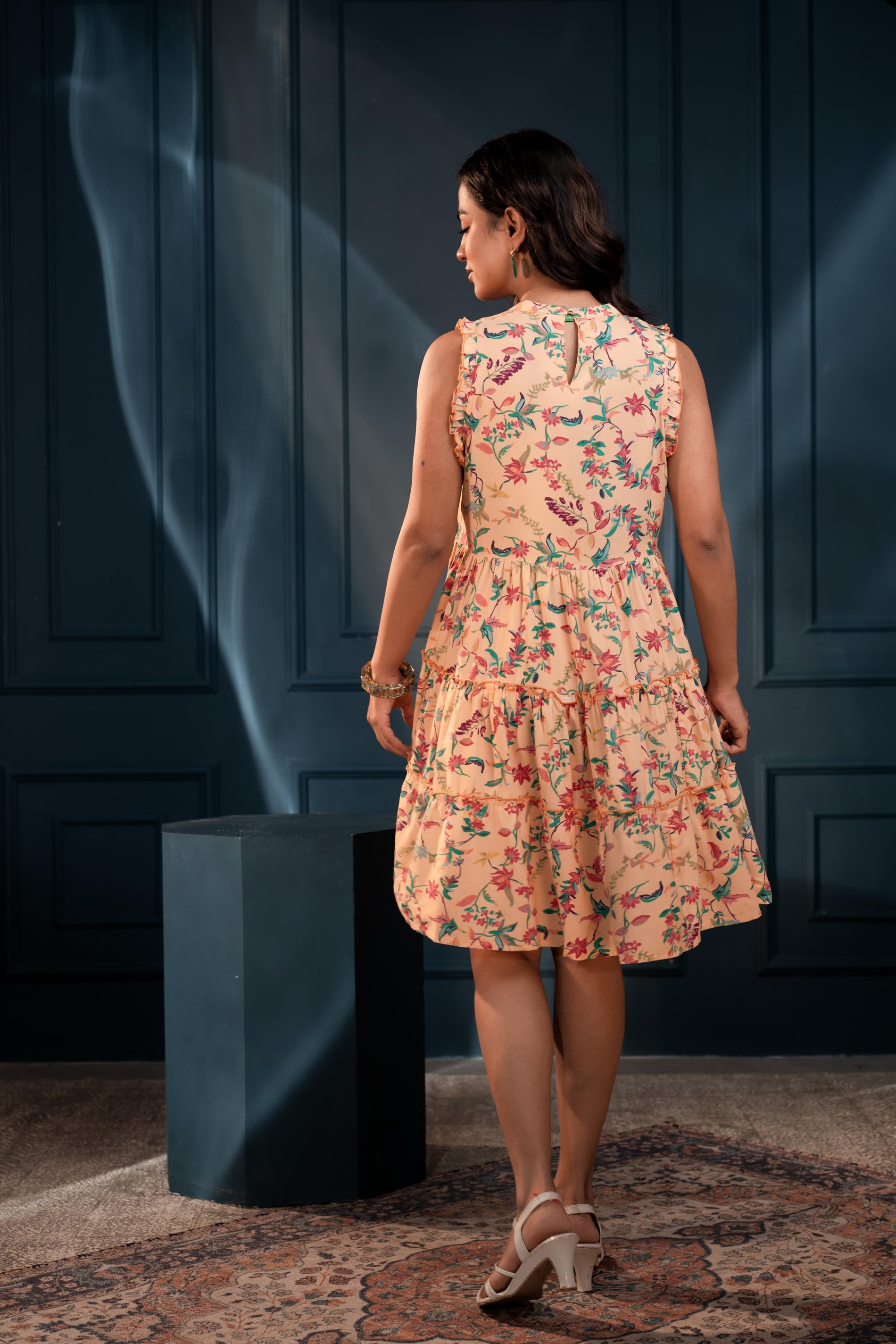 Peach-Purple-Blue Floral Sleeveless Tiered Viscose Short Dress