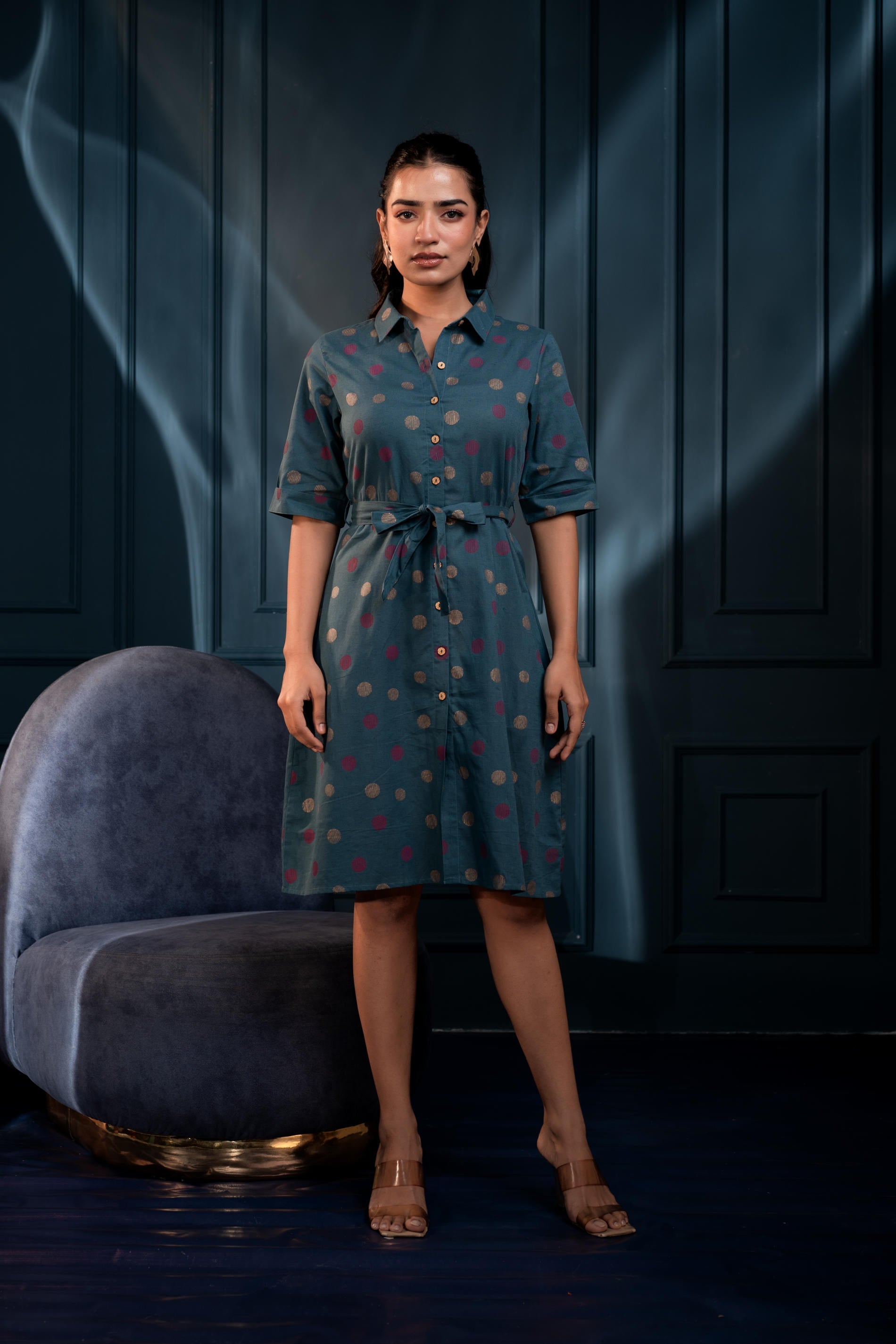 Teal Polka?Dot Button?Down Viscose Mini Shirt Dress with Belt